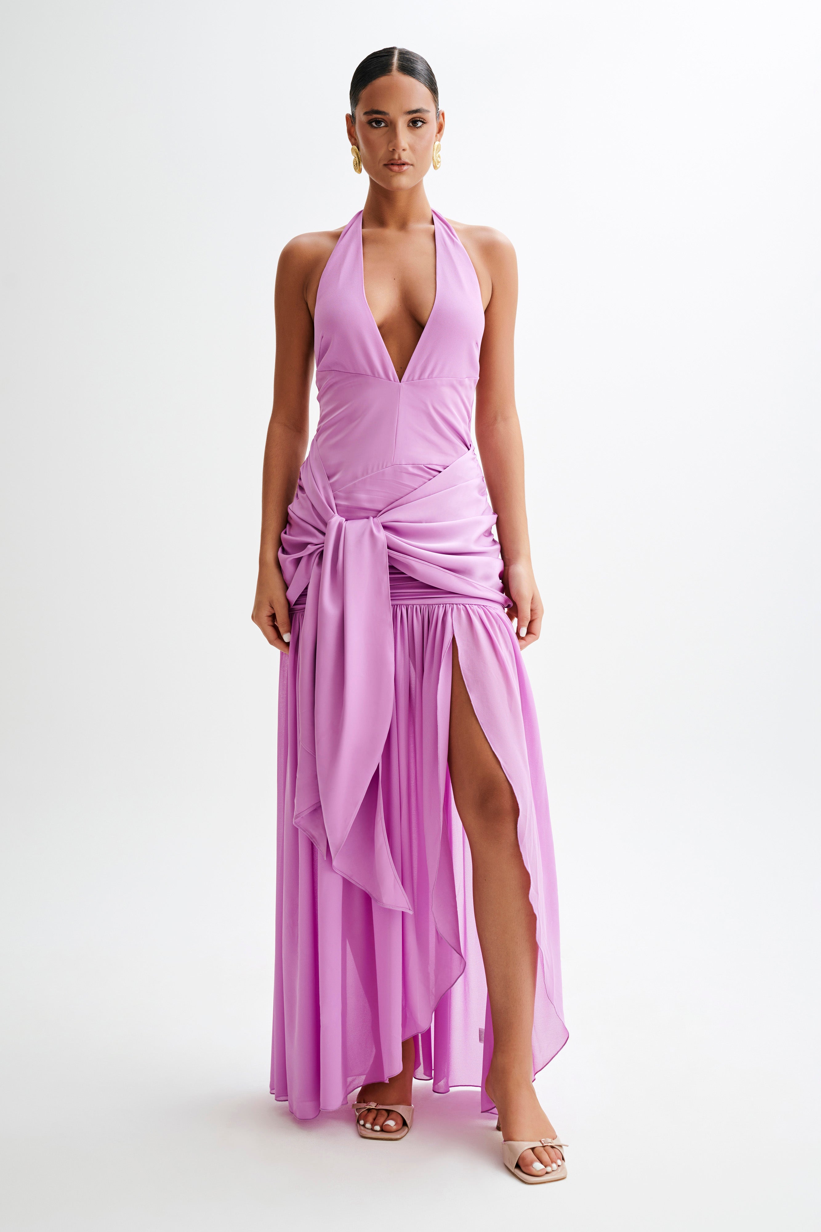 Graziana Satin Chiffon Plunge Maxi Dress - Violet、mySite、solidvoid