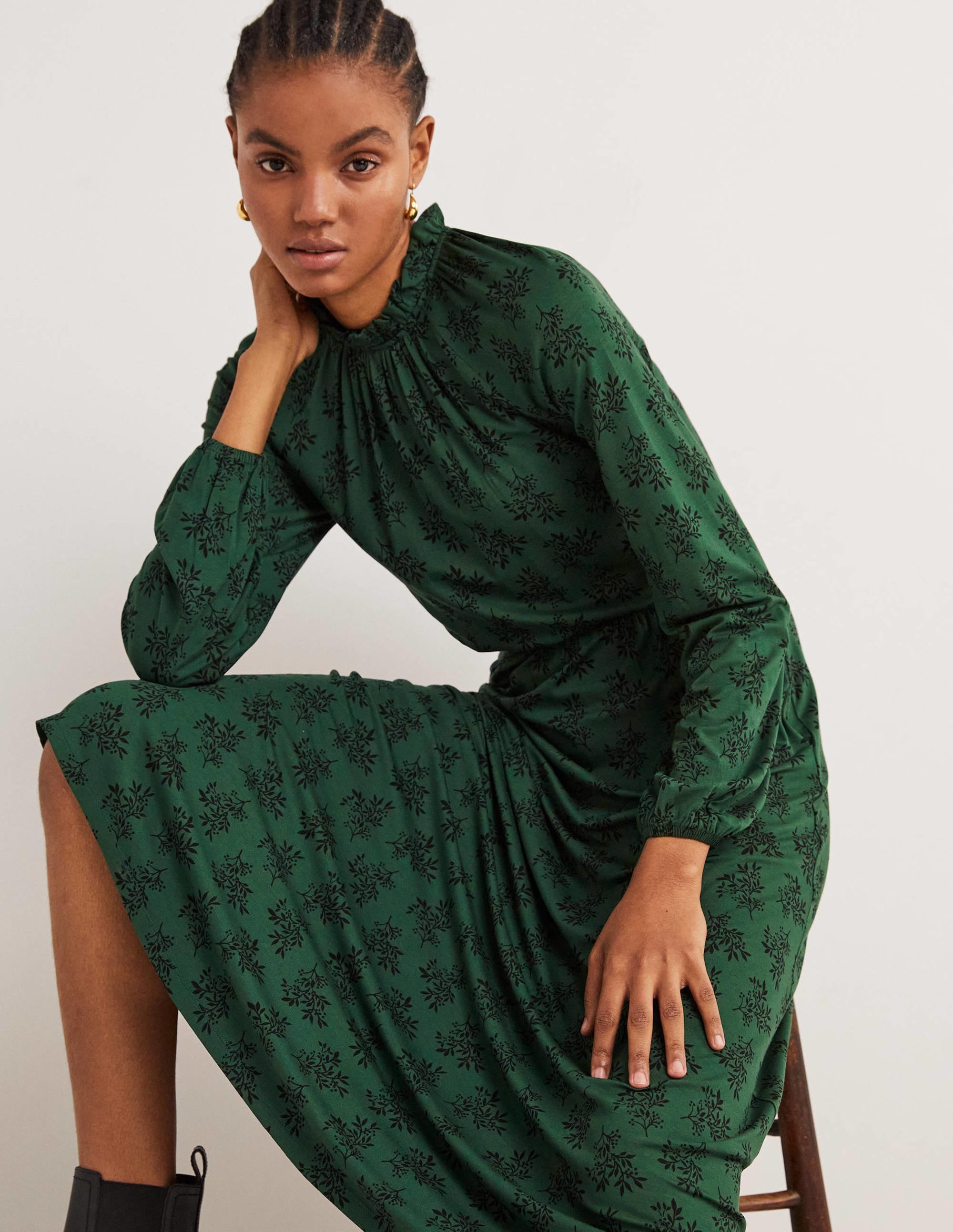  Ruffle Neck Jersey Midi Dress-Hunter Green, Pretty Blossom、mySite、ashleygrahame