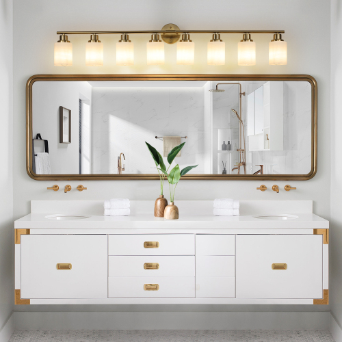 31" Modern 5-Light Vanity Wall Sconce, Golden Finish with Frosted Glass Shades for Bathroom or Hallway Lighting (No Bulbs)、、eastwooduniform