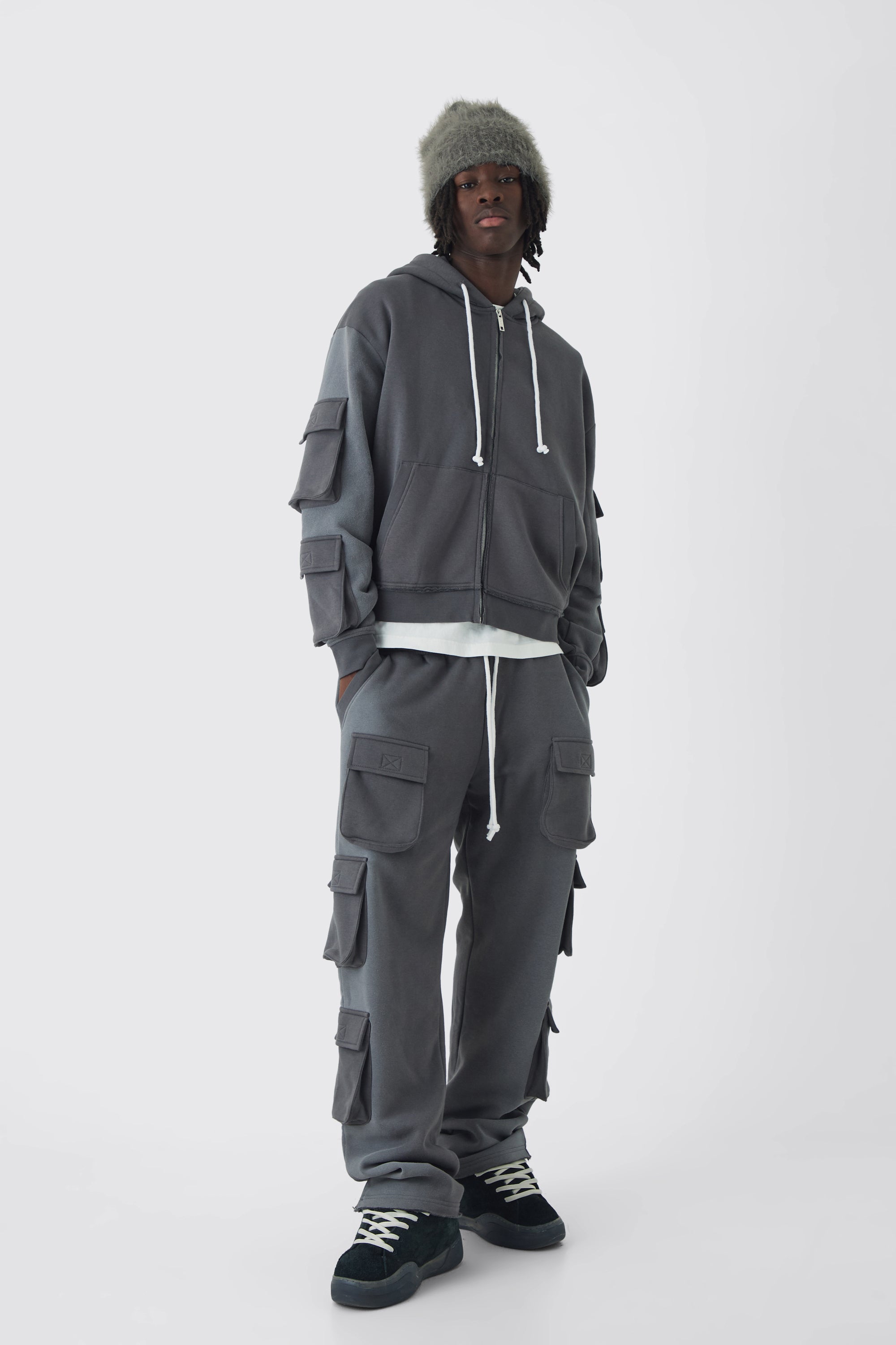  Boohooman Oversized Boxy Utility Zip Through Brushback Hoodie Charcoal、mySite、justintrudeaud