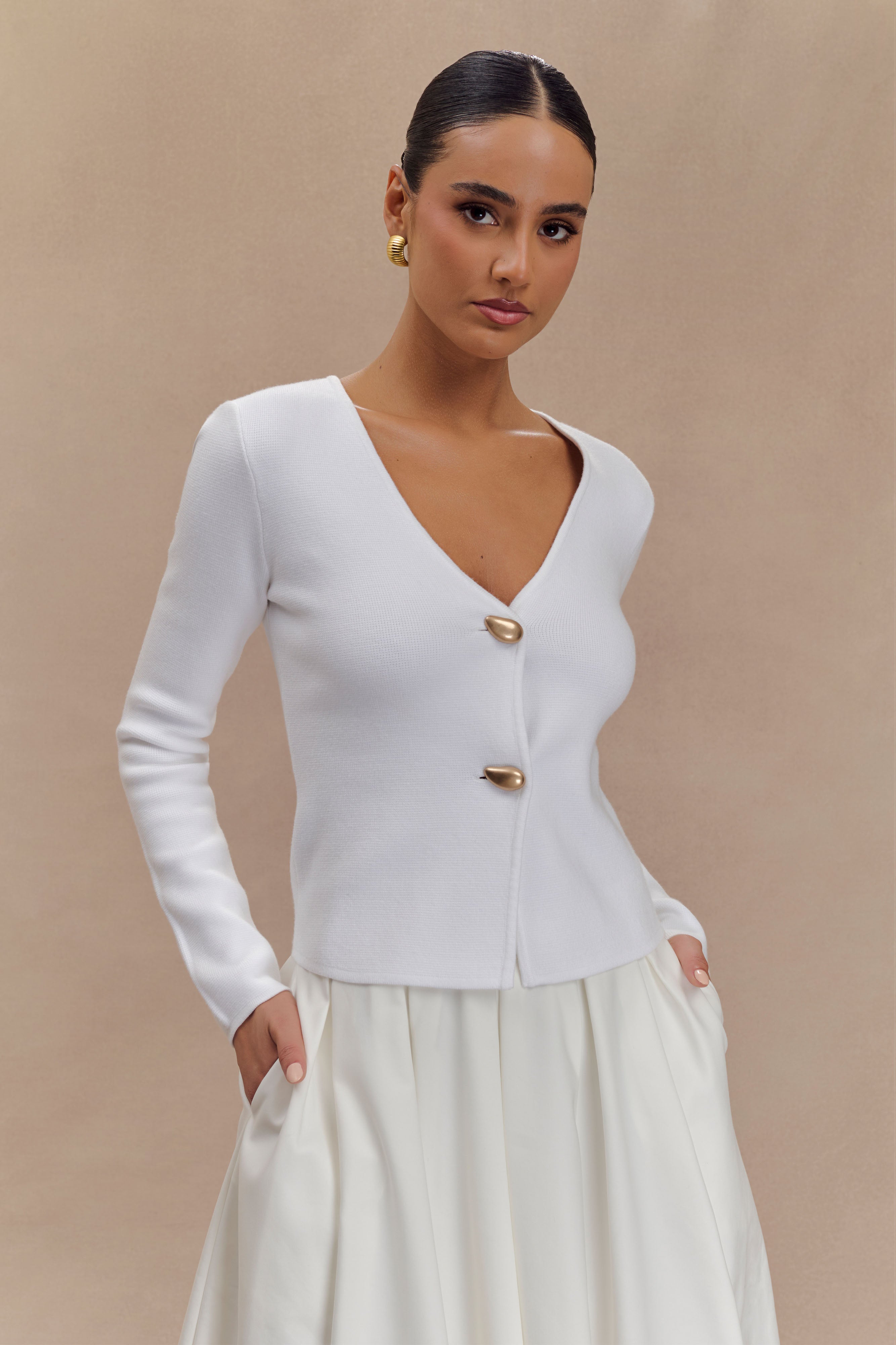 Veda Wide Sleeve Knit Cardigan - White、mySite、solidvoid