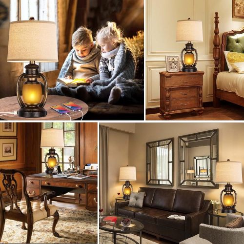 Set of 2 Rustic Living Room with 2 USB Port and Outlet,Farmhouse Table Bedside Lamps for Bedroom,Vintage Cottage Nightstand Lamps with Nightlight Miner Lantern、、xpatfood