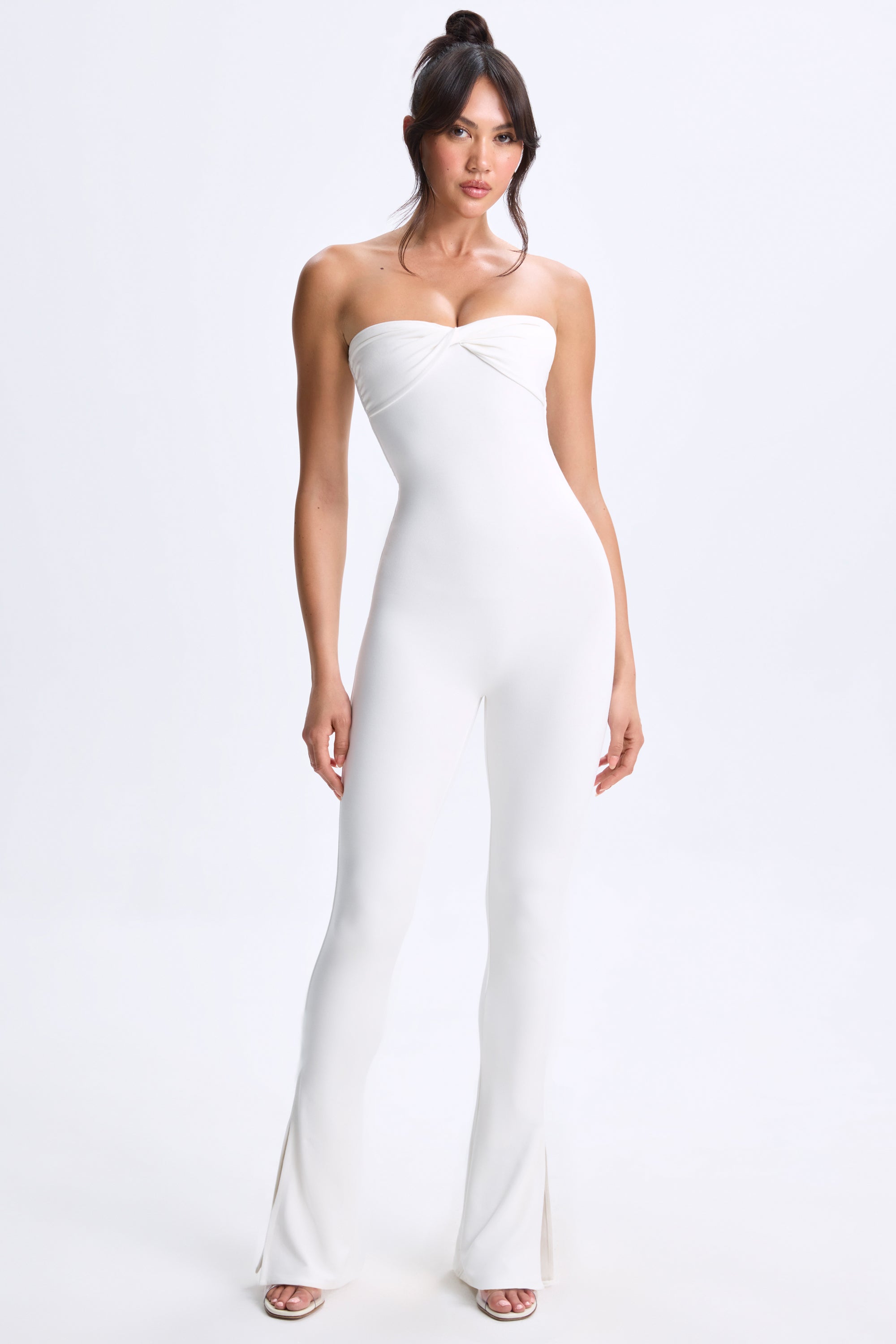 Twist-Front Split Hem Flared Jumpsuit in White、mySite、solidvoid