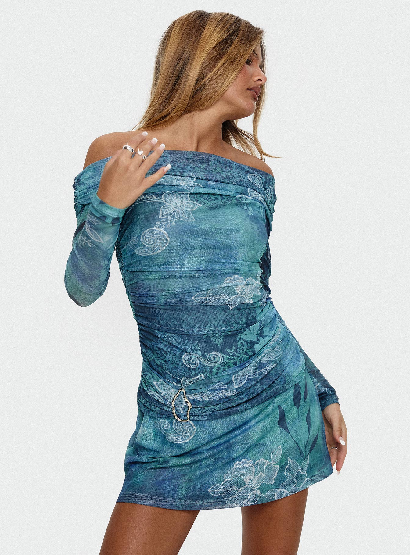 Olympique Long Sleeve Mini Dress Blue Multi、mySite、solidvoid