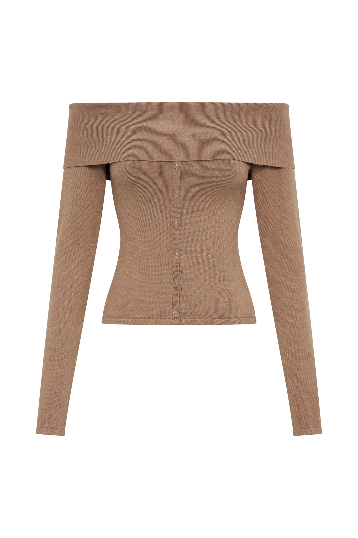 Diedre Buttoned Off Shoulder Knit Top - Pecan、mySite、solidvoid