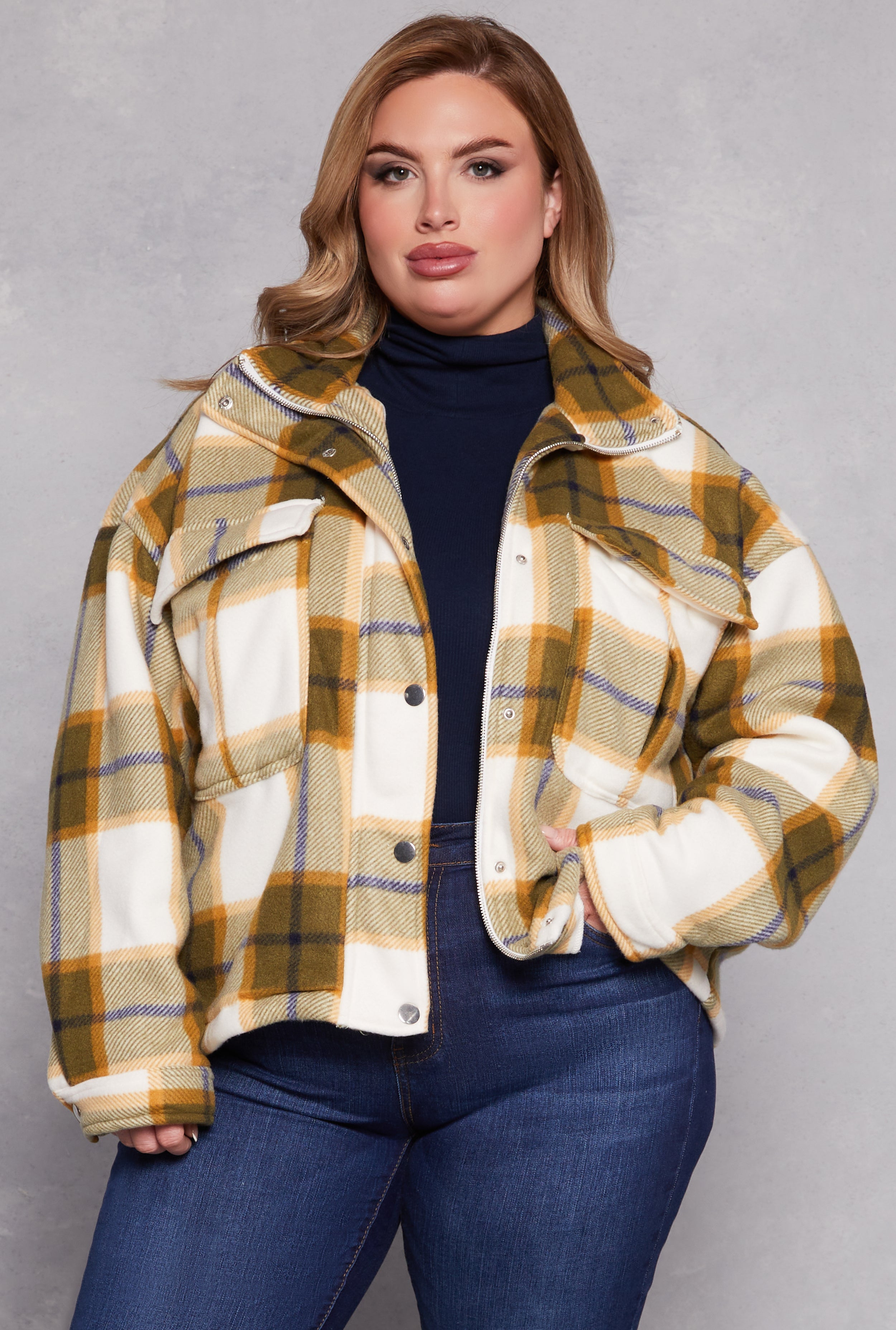 Plus Size Plaid Snap Button Zip Front Shacket、mySite、camillekostekn