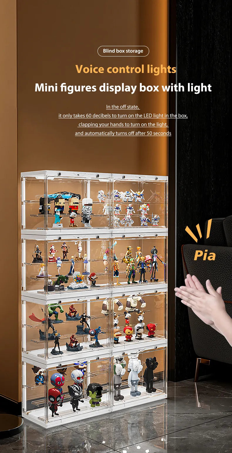 Mini figures display box with voice-controlled LED lights for easy use.