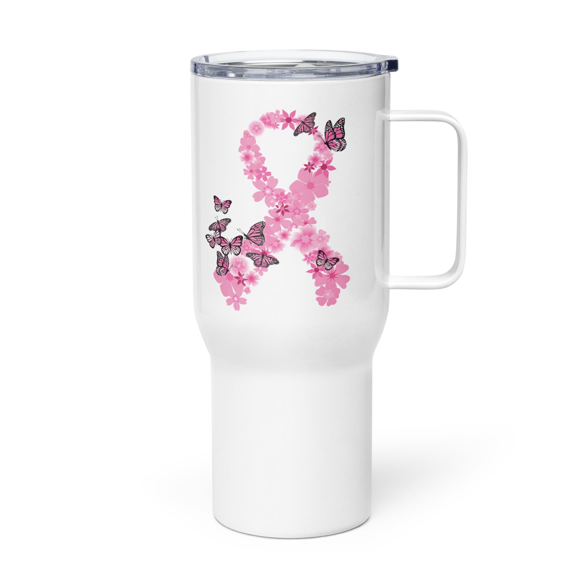 Pink Ribbon Butterflies Take Flight 25oz Handle Tumbler Travel Mug、mySite、camillekostekn