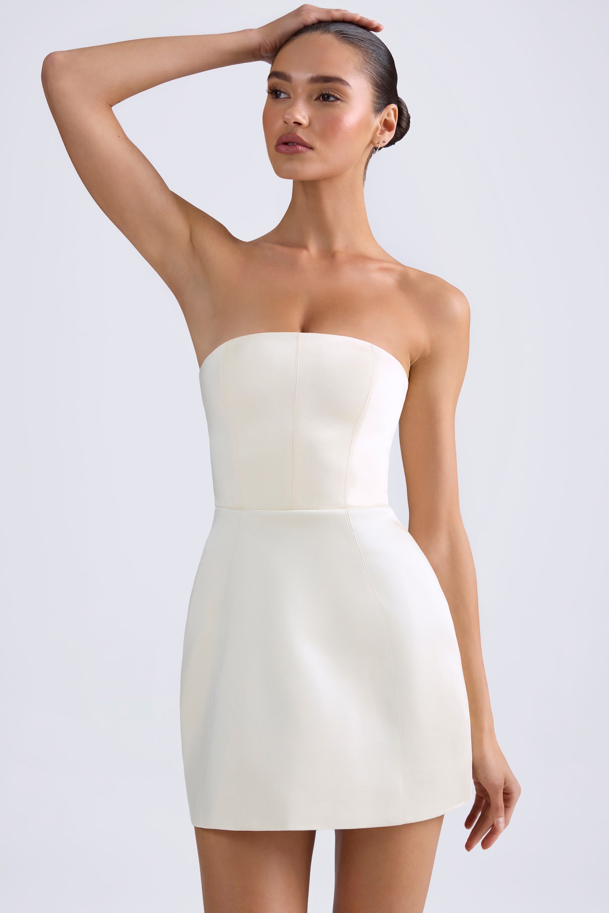 Bandeau Structured Tulip Mini Dress in Ivory、mySite、solidvoid