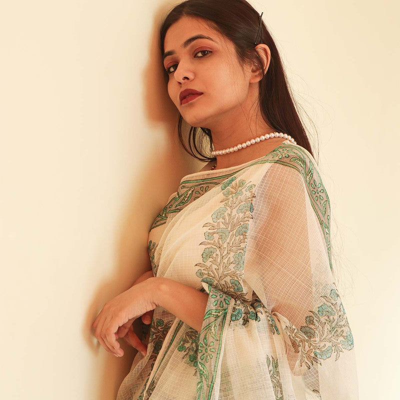 Festive Wear | Handblock Printed Kota Doria Saree | White、mySite、camillekostekn