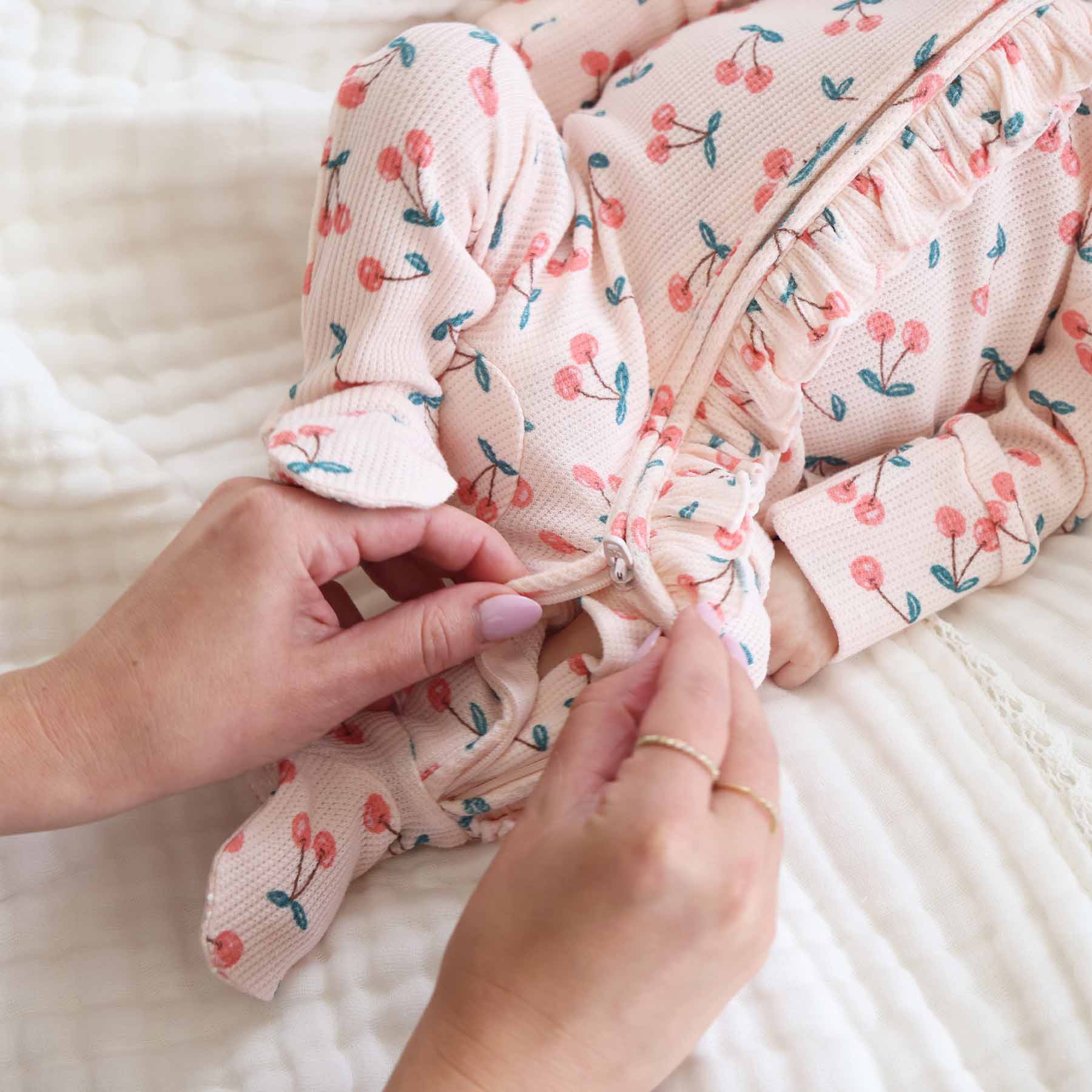  Cherry On Top Bamboo Waffle Zipper Ruffle Footie、mySite、layawaytickets