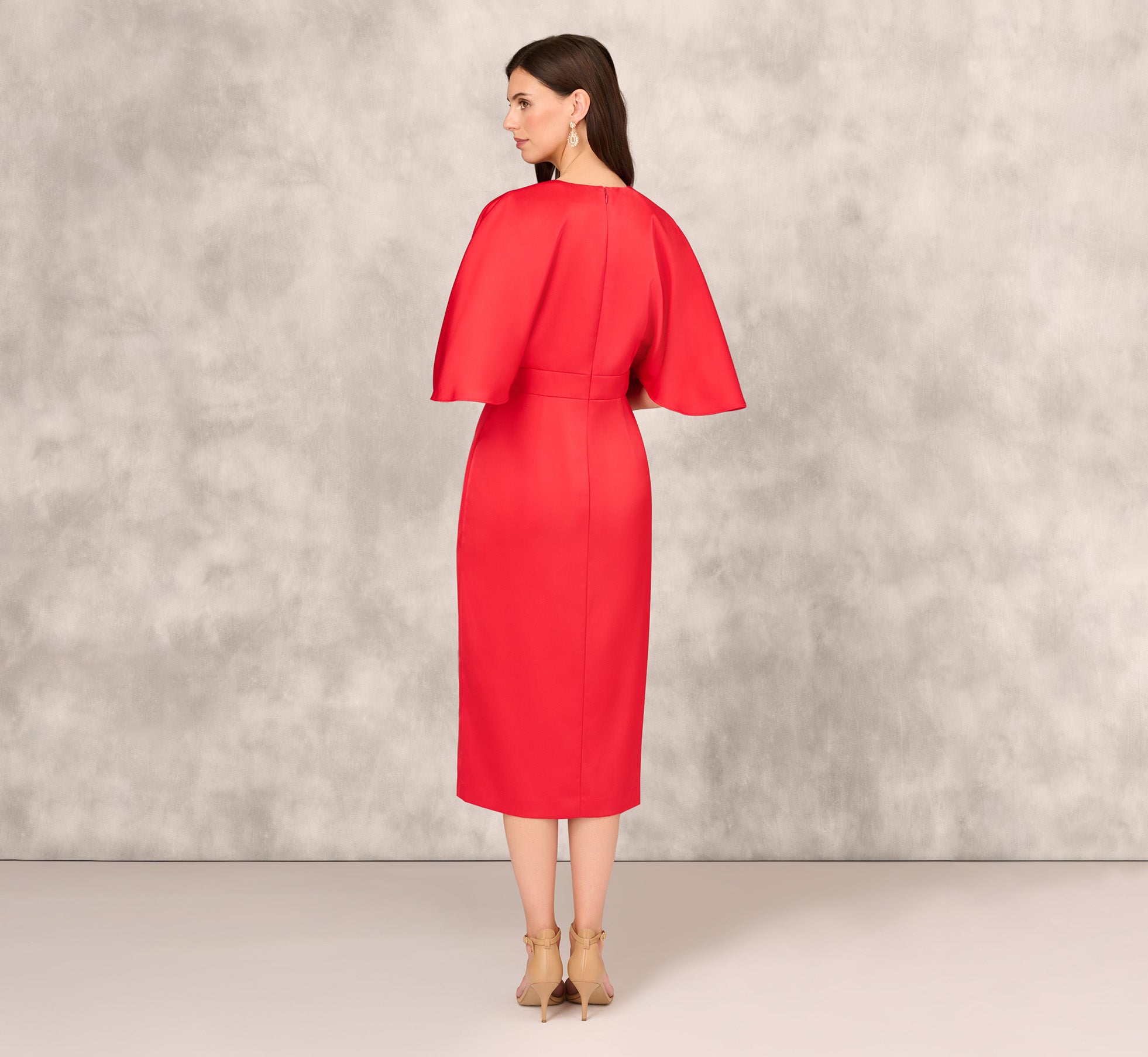 Crepe Back Satin Midi Dress With Flutter Sleeves In Chateau Red、mySite、solidvoid