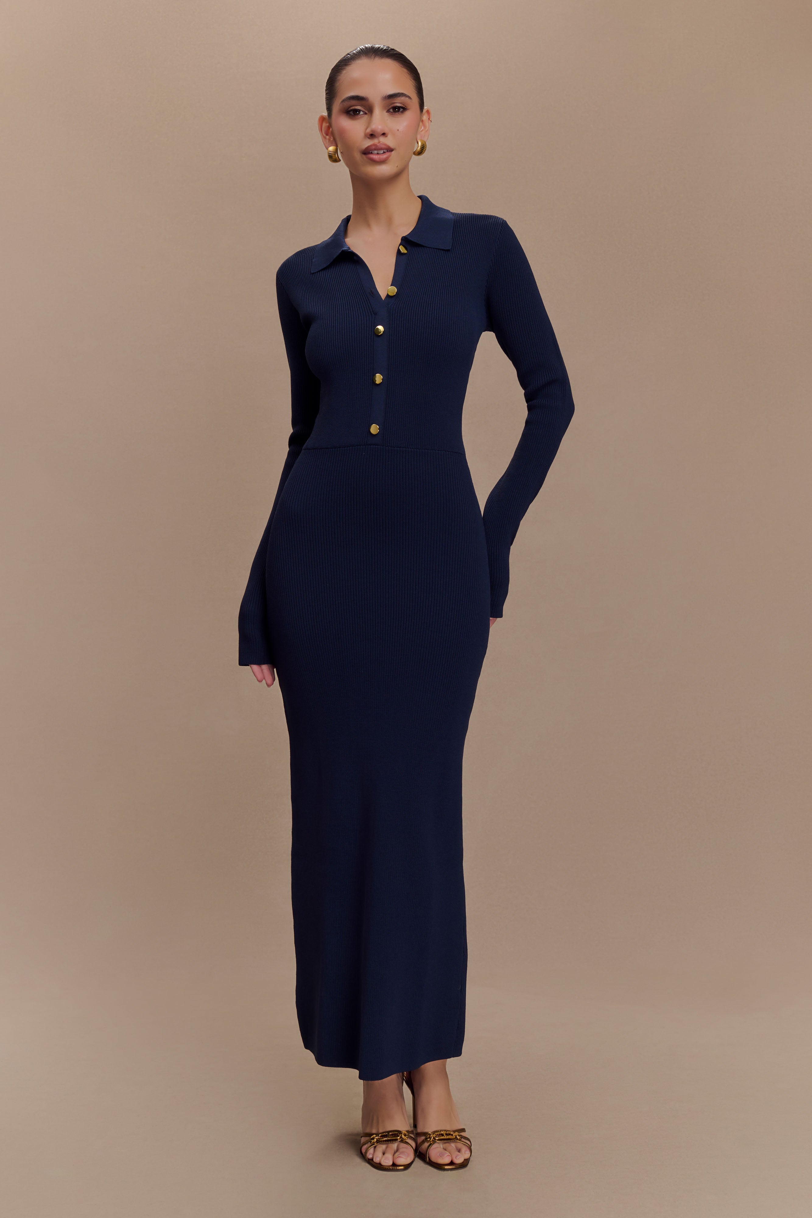 Abbey Buttoned Knit Midi Dress - Navy、mySite、solidvoid