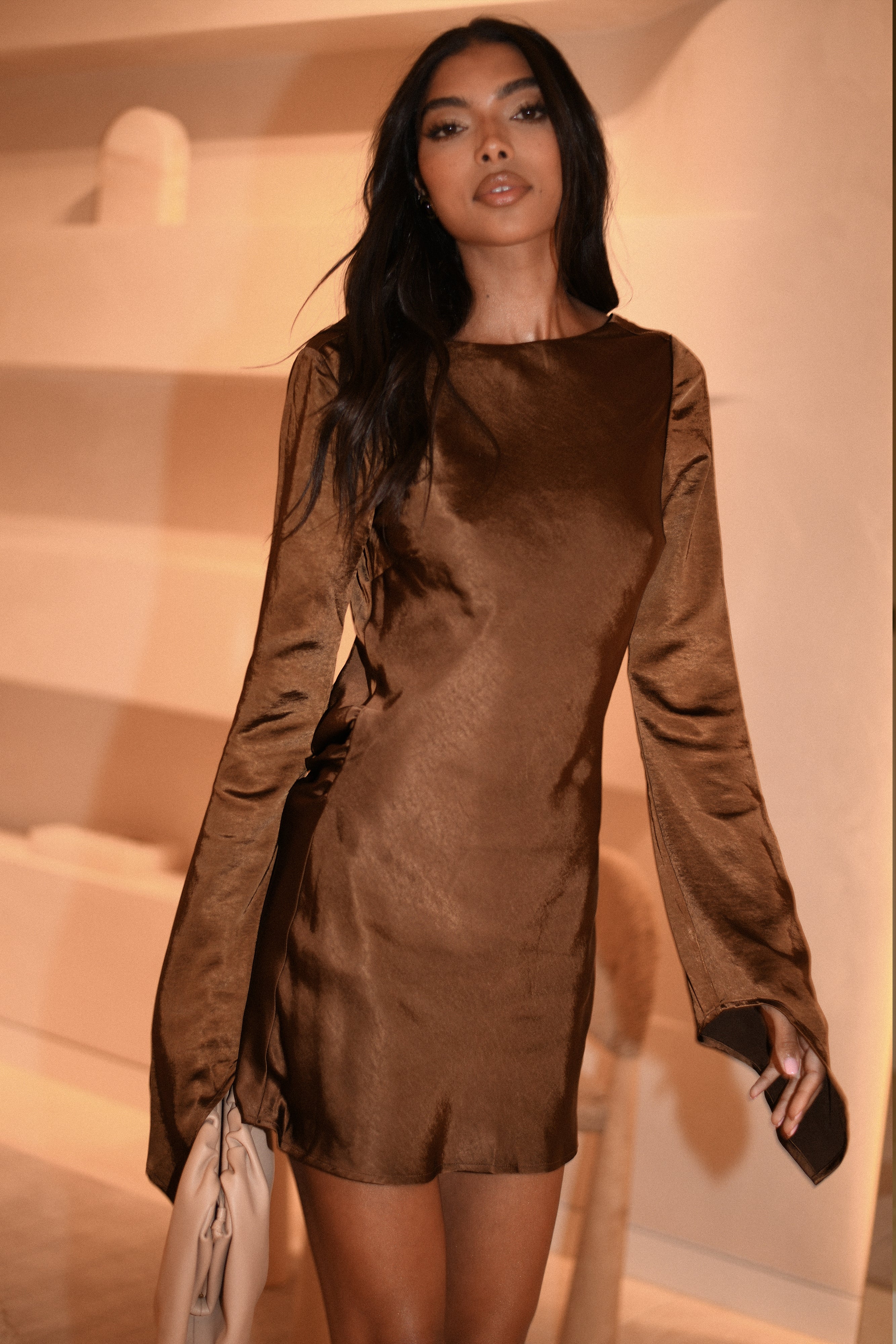 Davina Satin Long Sleeve Mini Dress - Dark Brown、mySite、solidvoid