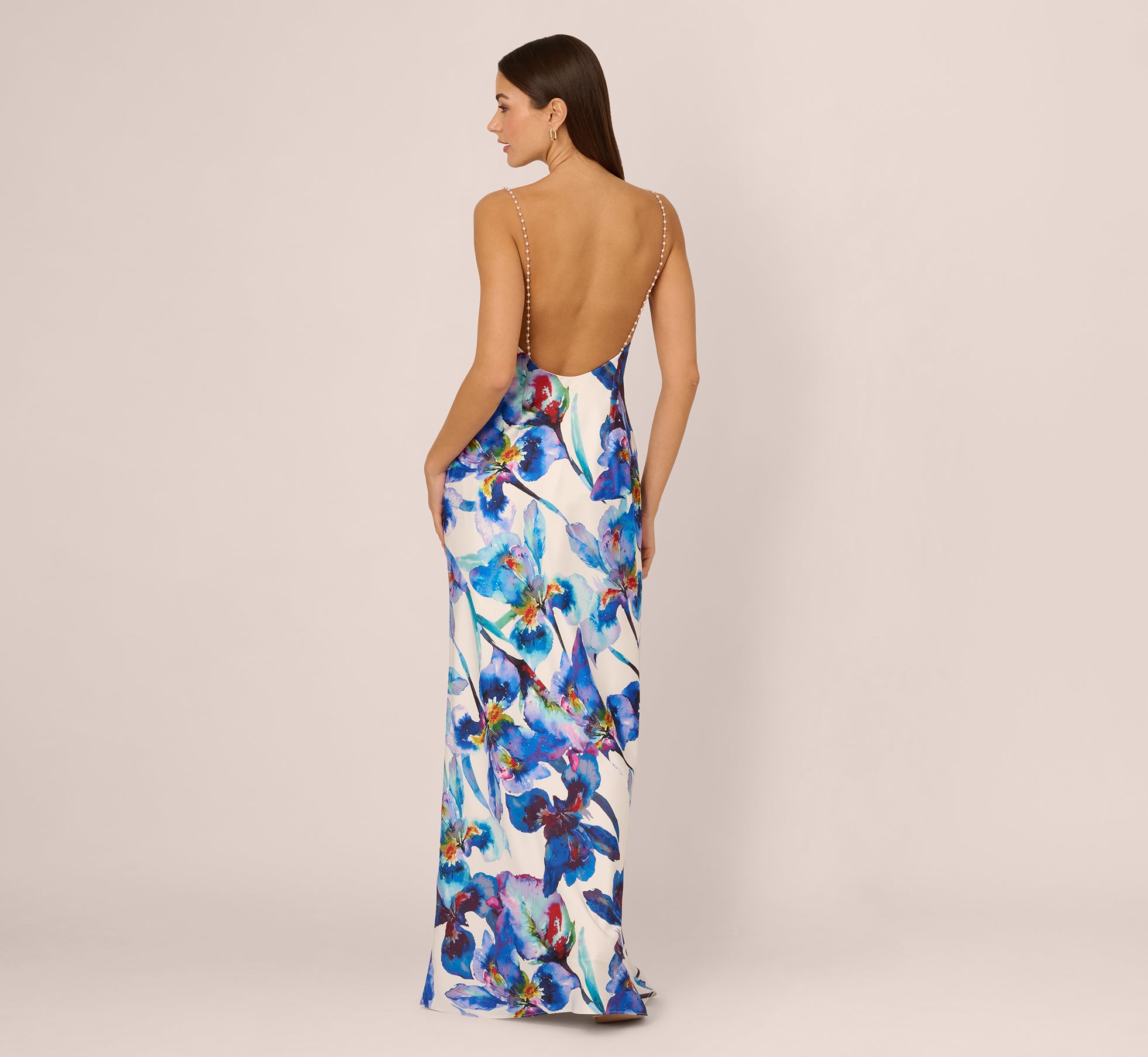 Embellished Strap Floral Satin Slip Dress In Blue Ivory Multi、mySite、solidvoid