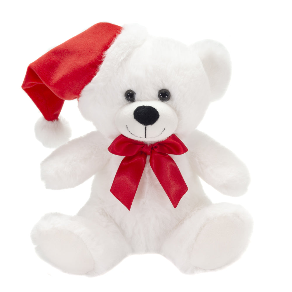 8IN SITTING WHITE BEAR WITH HAT AND RED RIBBON、mySite、g9winljtr
