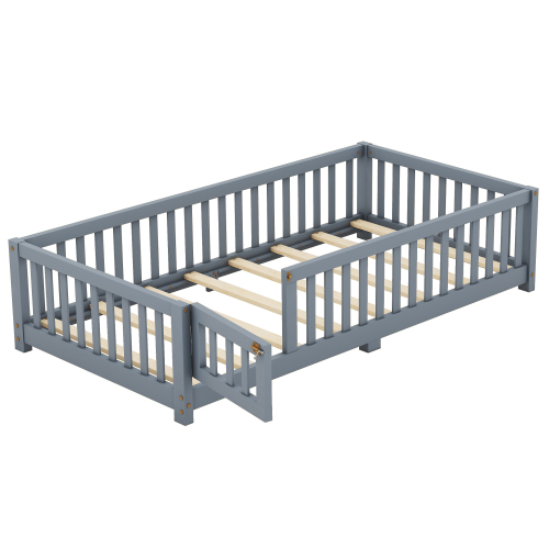 Twin Size Bed Floor Bed with Safety Guardrails and Door for Kids, Natural(Old SKU: W158090686)、、casual