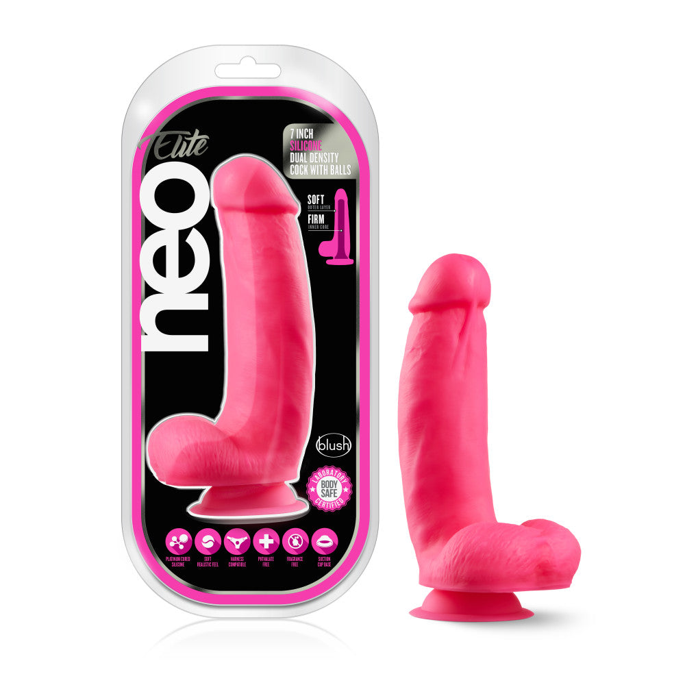 Neo Elite By Blush® | Neon Pink: 7-Inch Long Dildo - Made with Purio™ Silicone & SensaFeel® Dual Density Realistic Technology、mySite、bottomscart