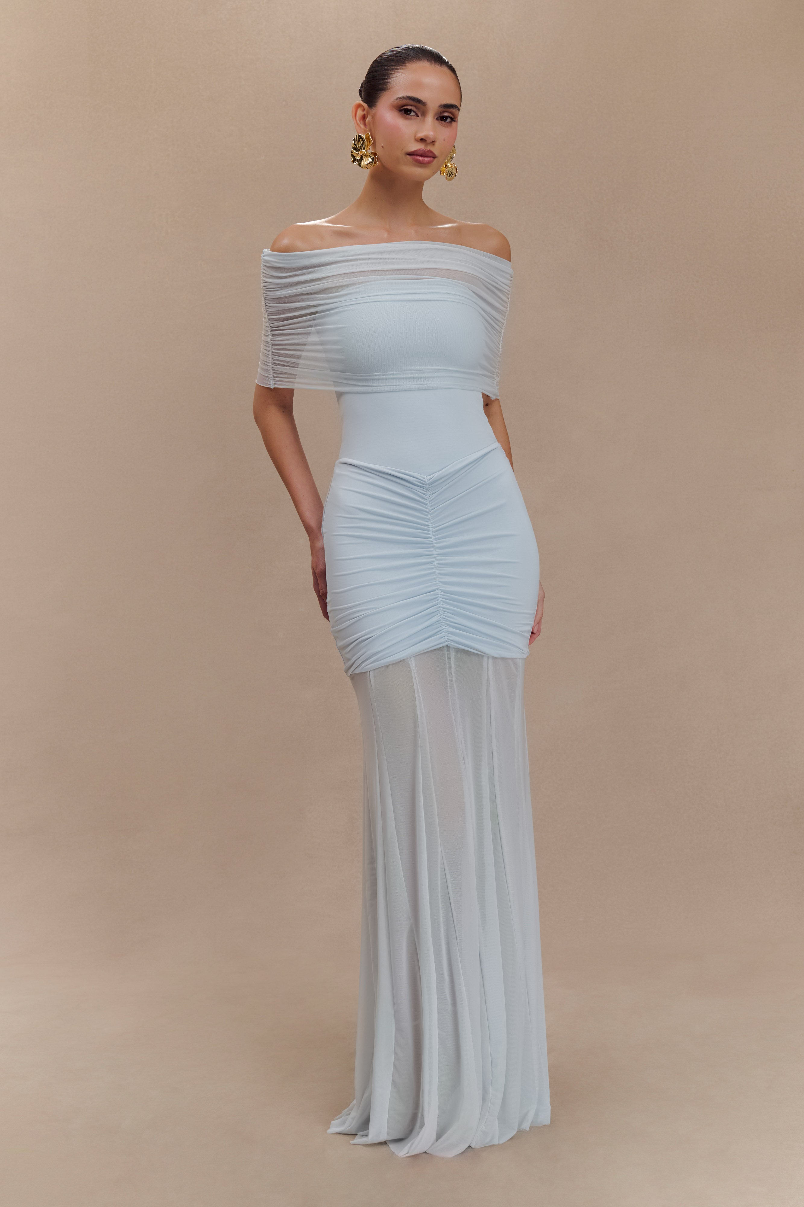 Caspian Slinky And Mesh Off Shoulder Maxi Dress - Pale Blue、mySite、solidvoid
