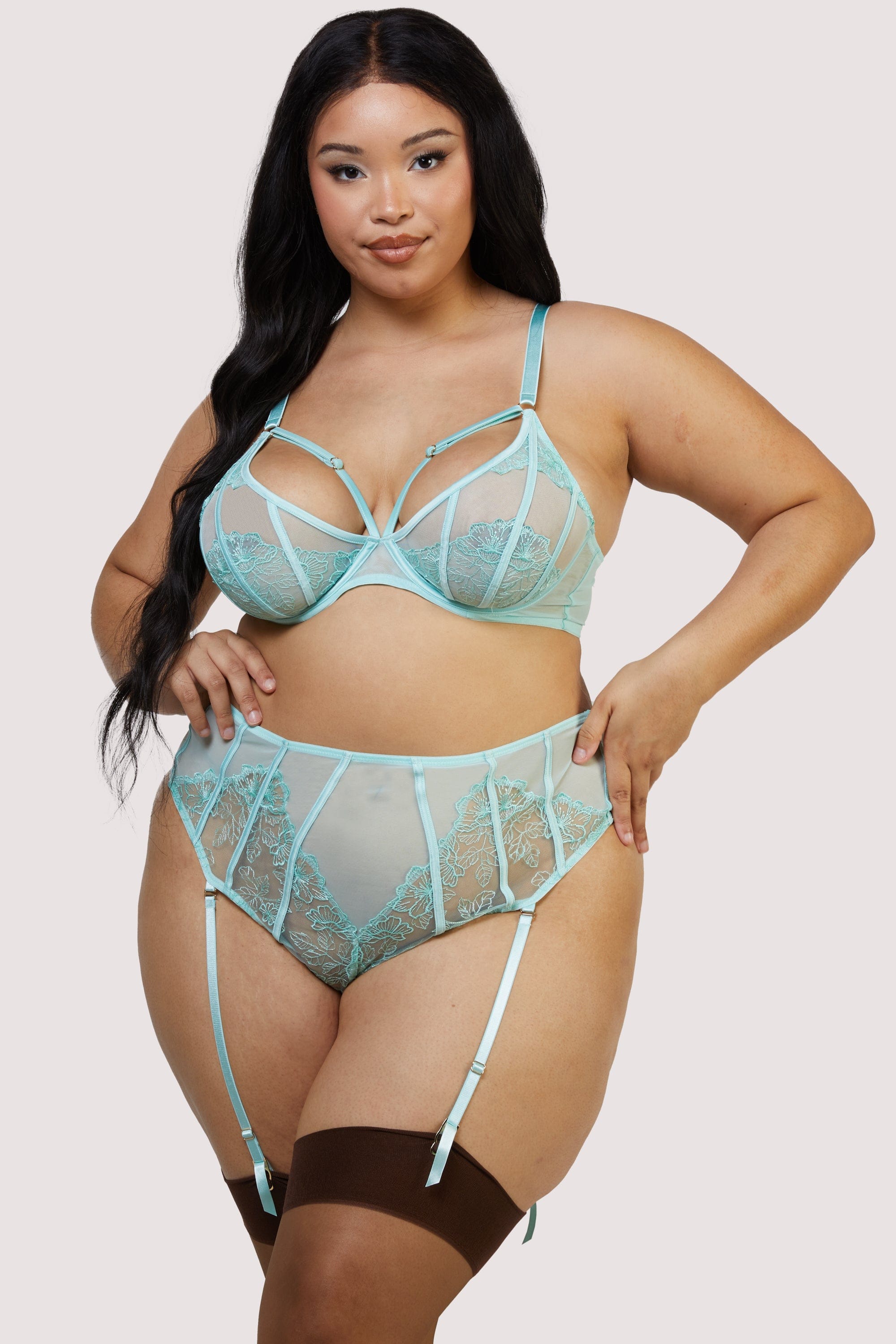 Valerie Aqua Embroidery & Mesh High Waist Suspender Thong、mySite、bengalsvssteelers