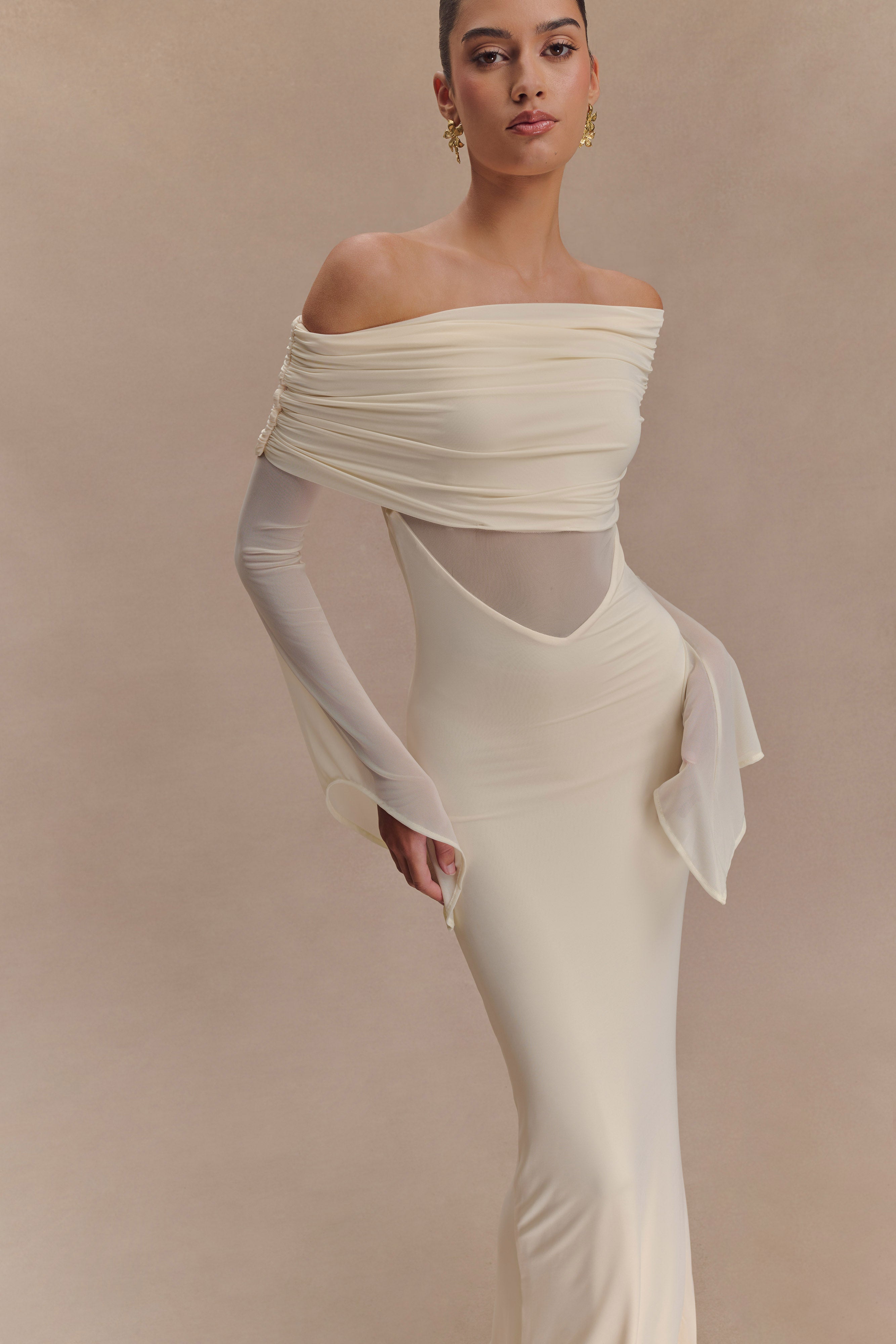 Kaitlin One Shoulder Slinky And Mesh Maxi Dress - Ivory、mySite、solidvoid