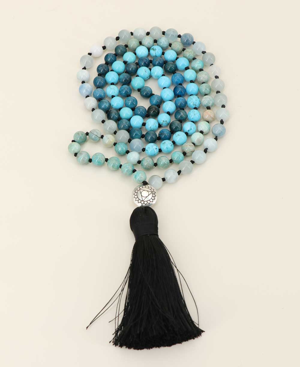 Throat Chakra Gemstones Knotted Mediation Mala, 108 Beads、mySite、topwebapps