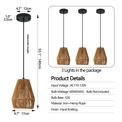 17" Boho Hemp Rope Pendant Light, Handcrafted Farmhouse Hanging Light Fixture for Kitchen Island, Dining Room, or Bedroom, Natural Finish, Adjustable Height (Bulb Not Included)、、eastwooduniform