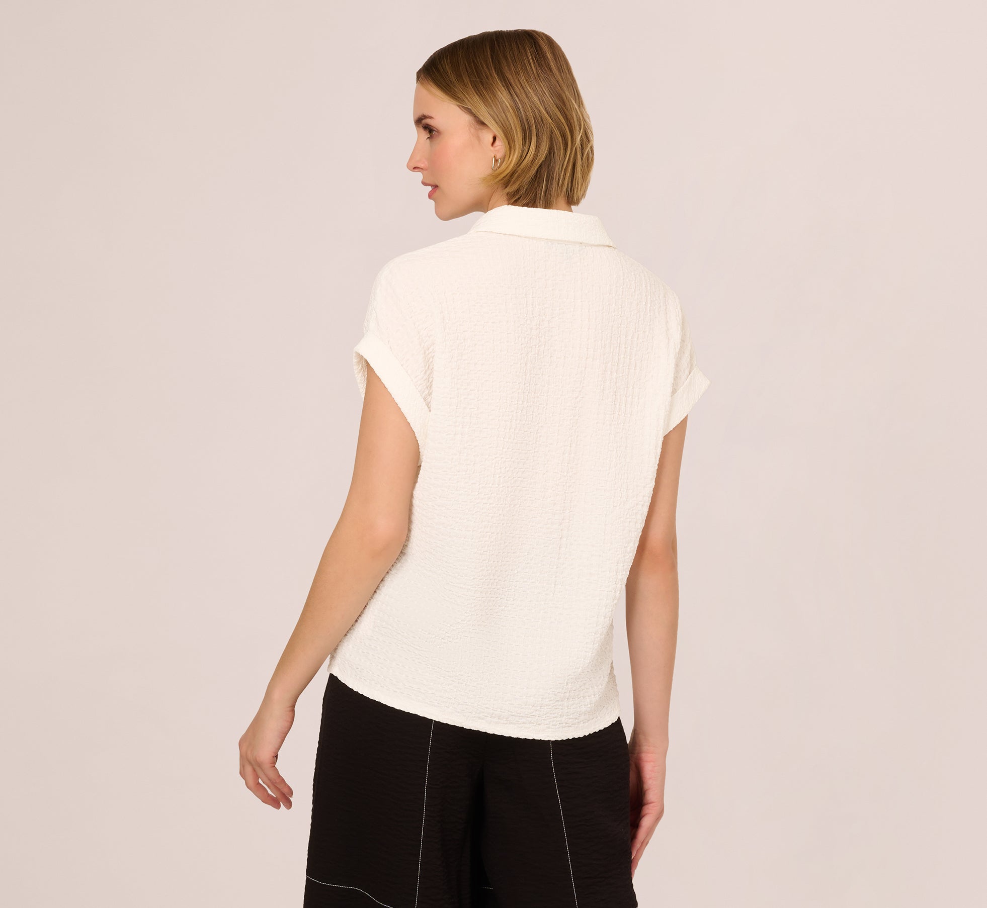 Cap Sleeve Semisheer Textured Button Front Top In Ivory、mySite、solidvoid