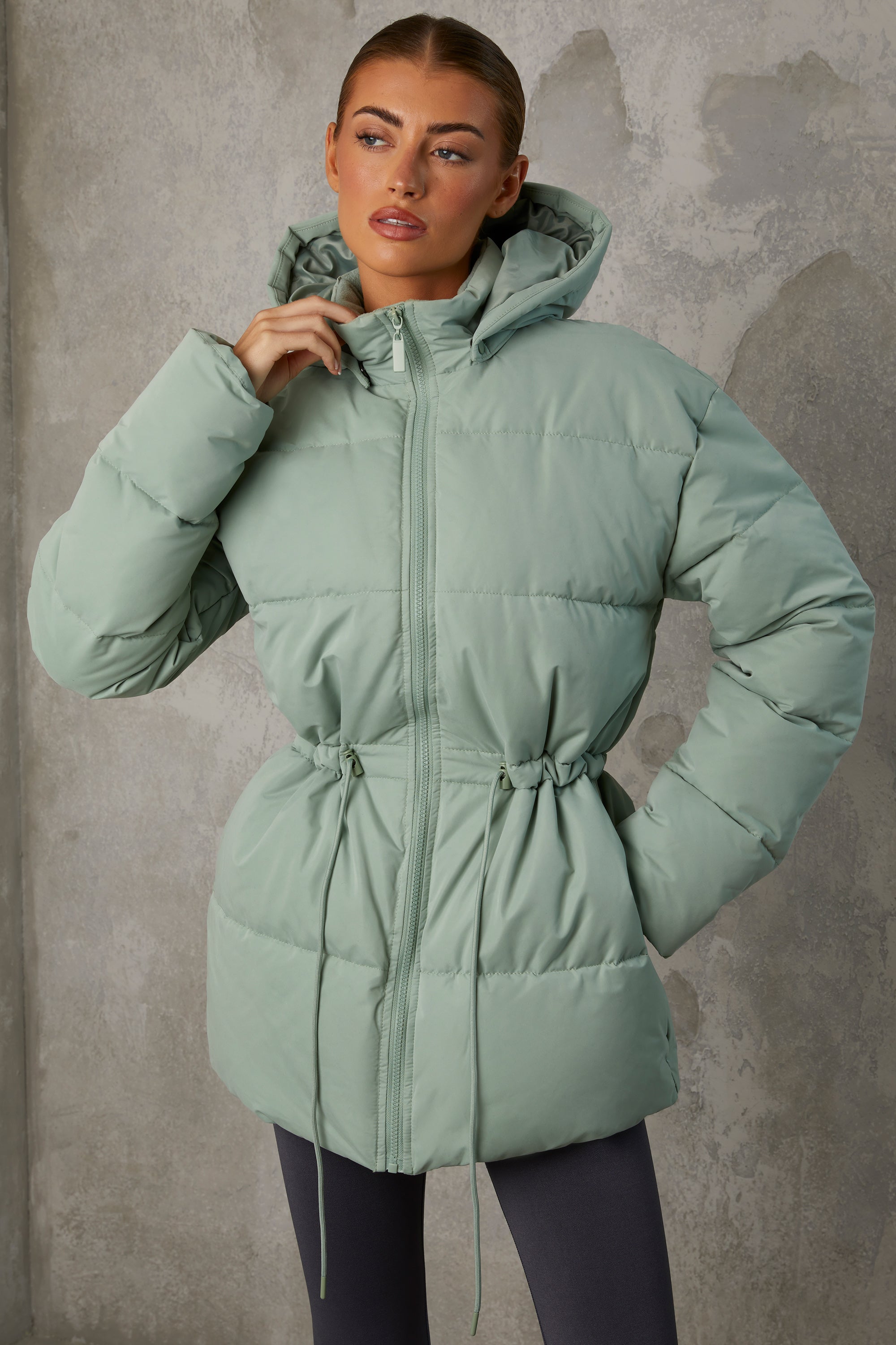 Mid Length Hooded Puffer Coat in Iceberg Green、mySite、solidvoid