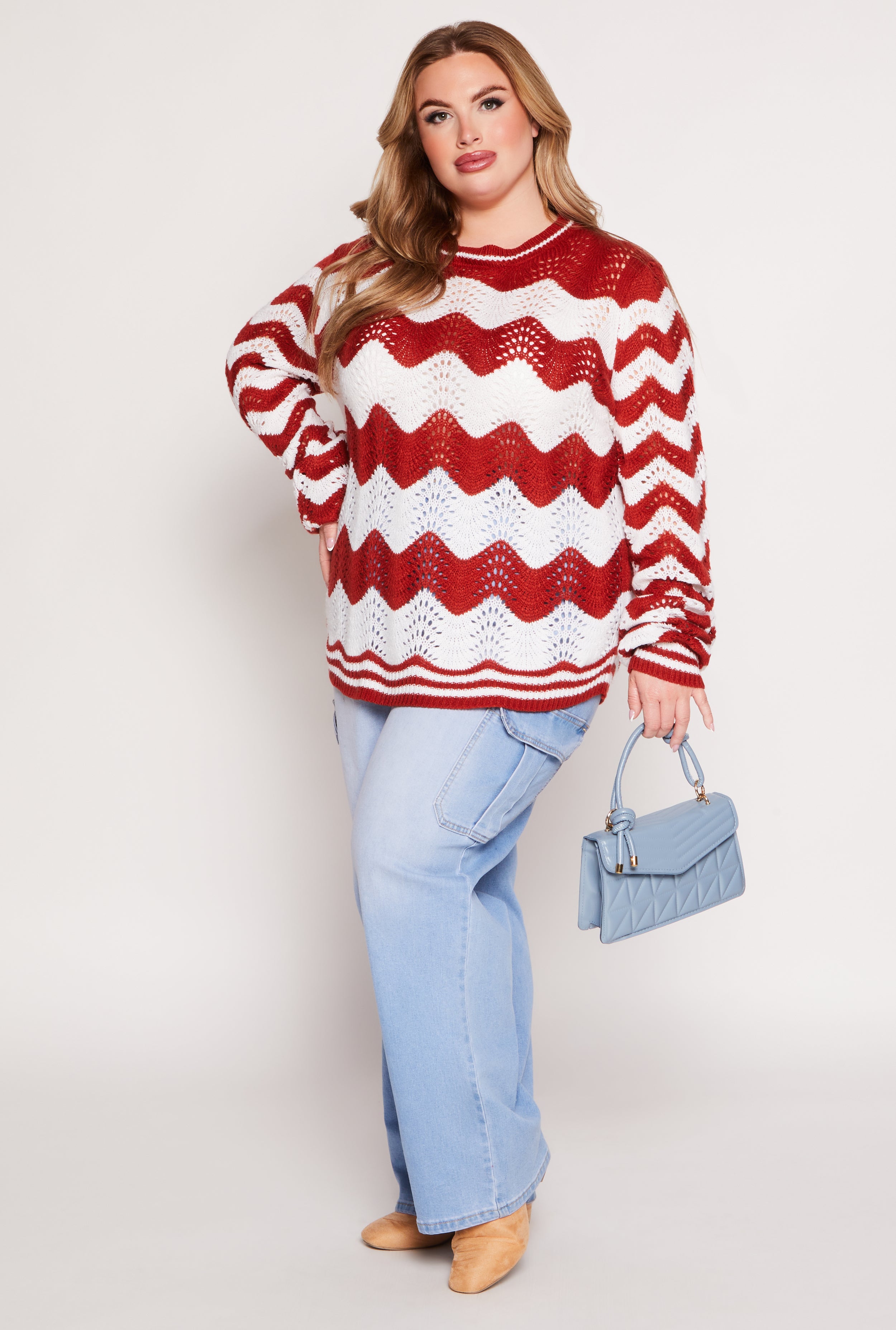 Plus Size Chevron Pointelle Knit Sweater、mySite、camillekostekn