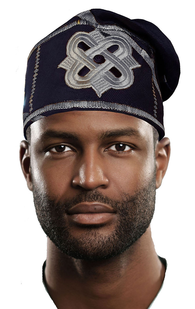 Navy-blue and Silver Embroidered African Hand woven Aso Oke Yoruba Hat、mySite、solidvoid