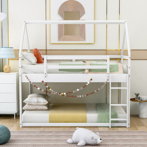 Twin Size Bunk House Bed with Slide and Ladder,Gray、、casual