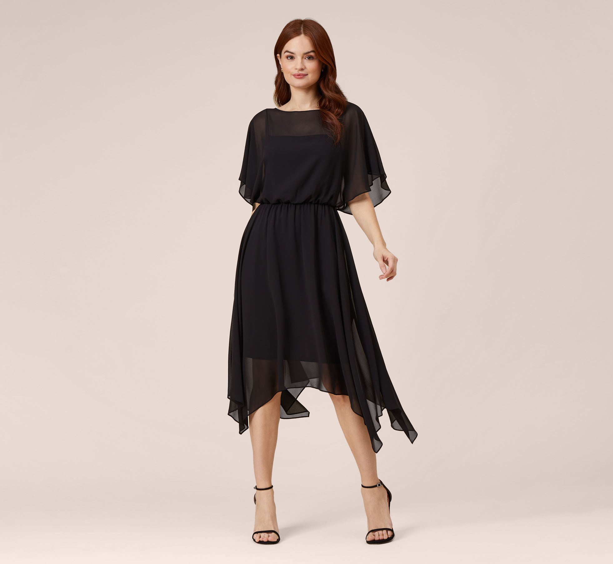 Chiffon Blouson Midi Dress With Flutter Sleeves In Black、mySite、solidvoid