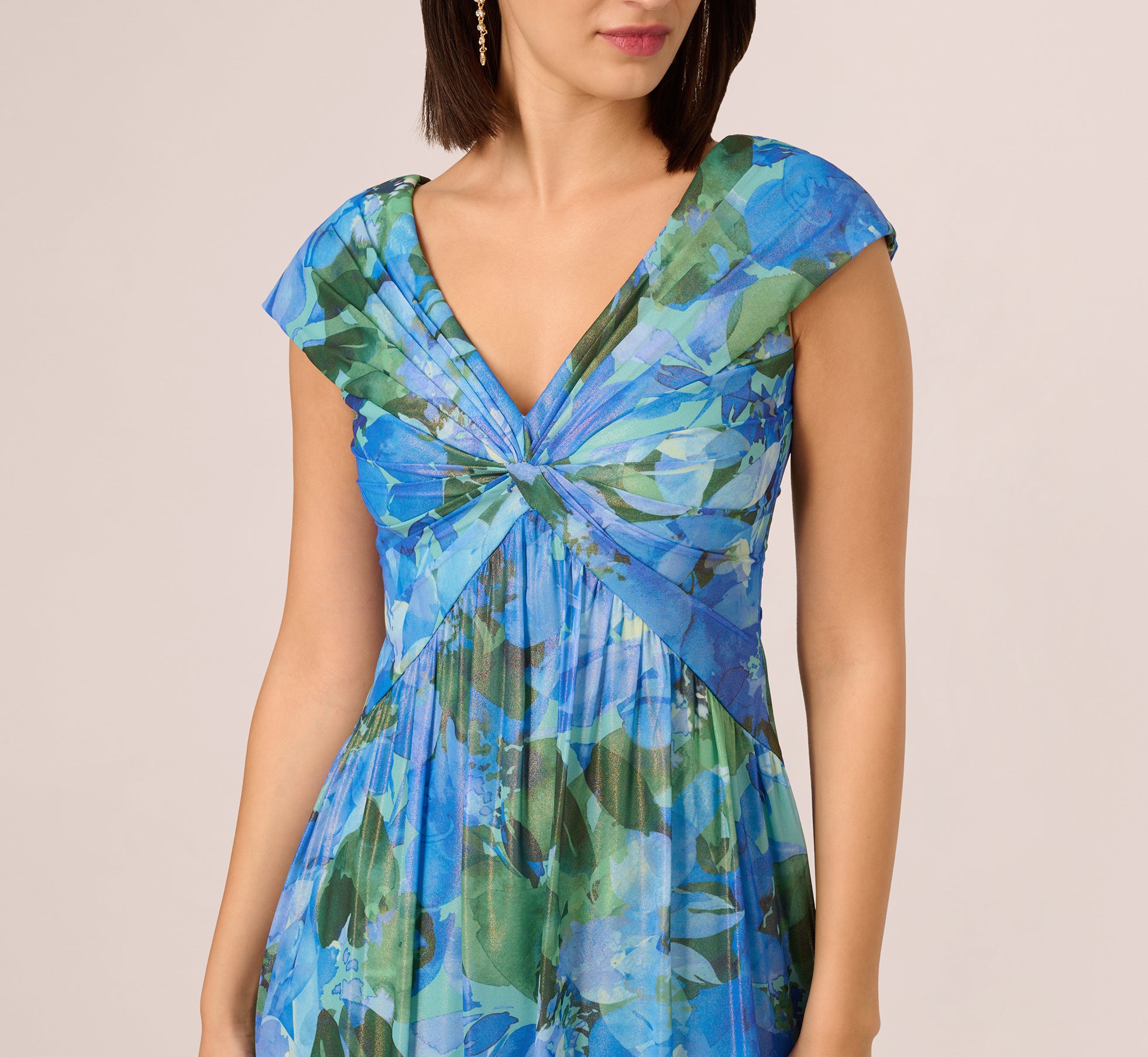 Printed Front Twist Gown In Green Blue Multi、mySite、solidvoid