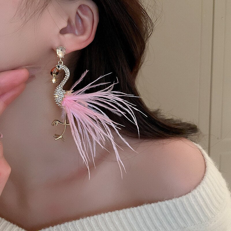  Pink Feather Flamingo Long Drop Earrings、mySite、merchandisen
