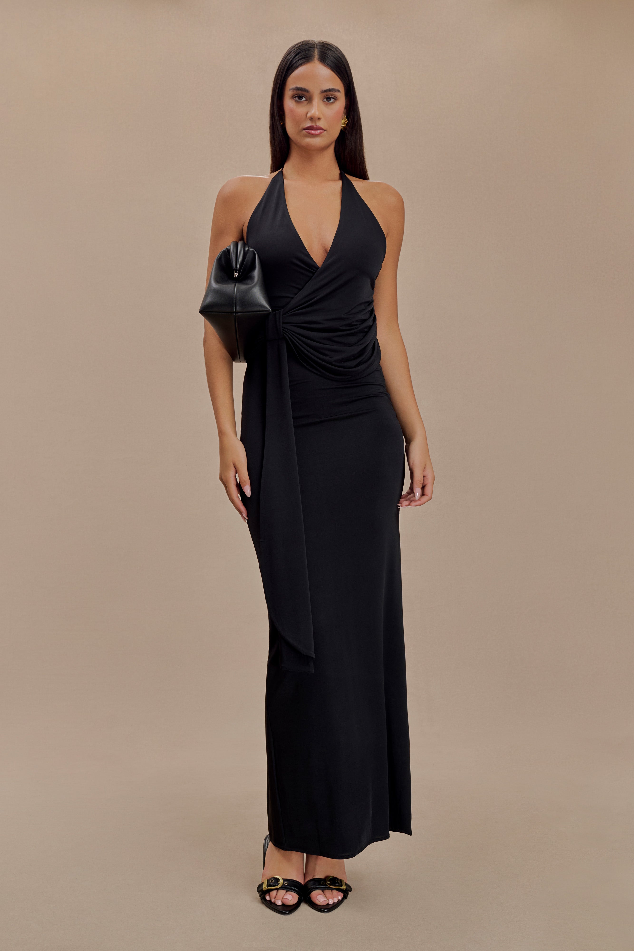 Tyla Draped Slinky Halter Maxi Dress - Black、mySite、solidvoid