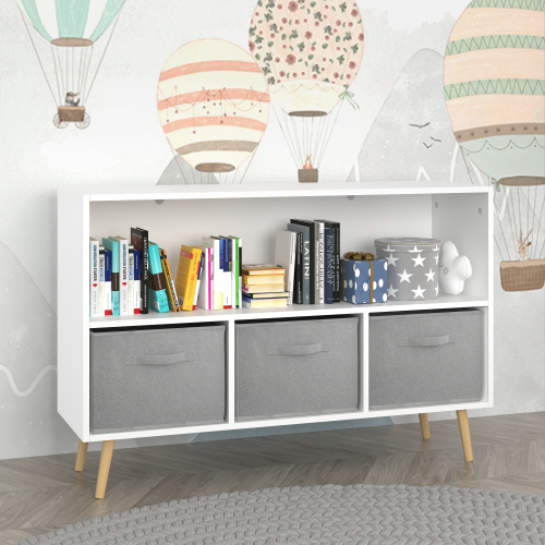Kids bookcase with Collapsible Fabric Drawers, Children's Book Display, Toy Storage Cabinet Organizer, White/Gray、、casual