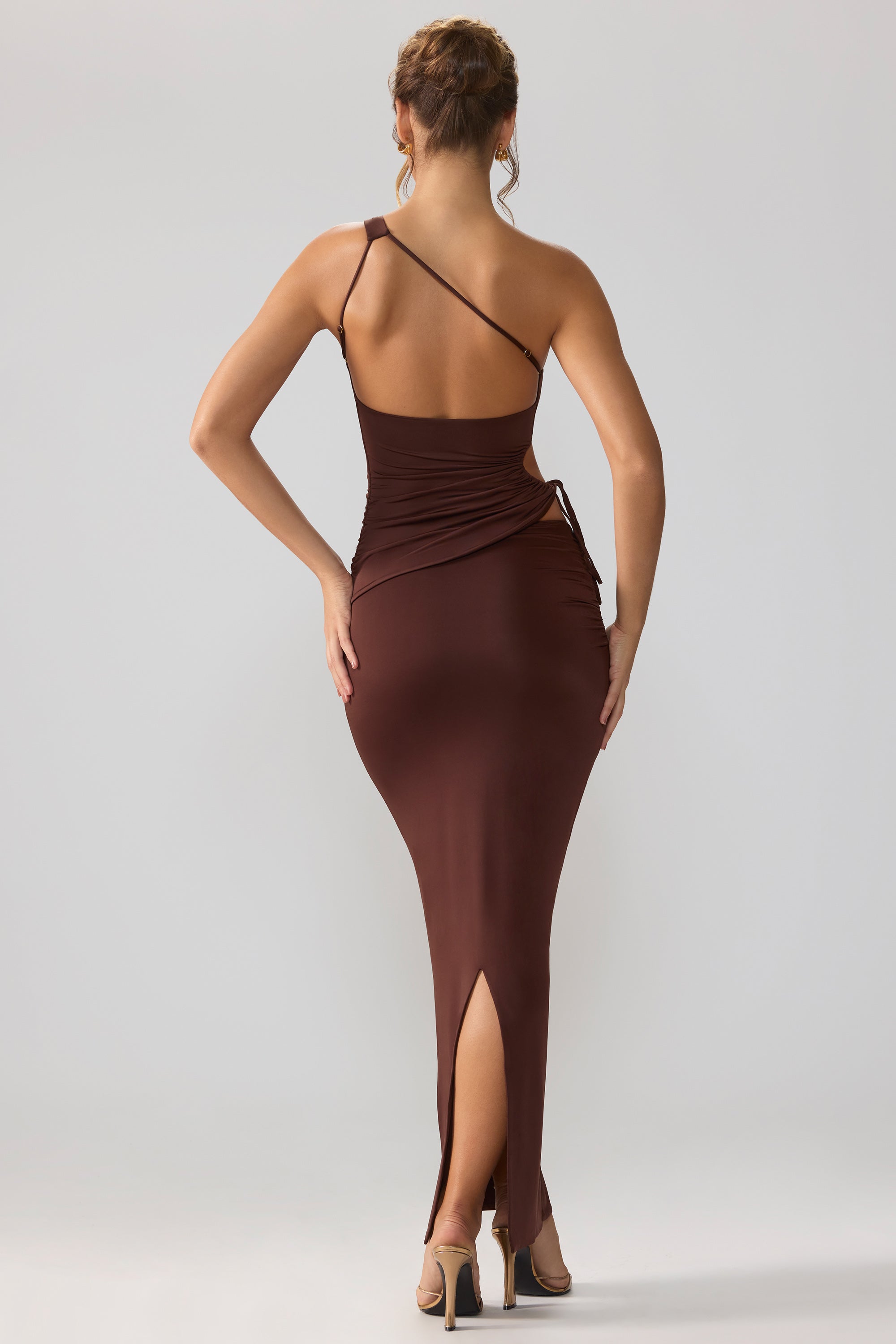 Slinky Jersey Asymmetric Waist Maxi Skirt in Espresso、mySite、solidvoid