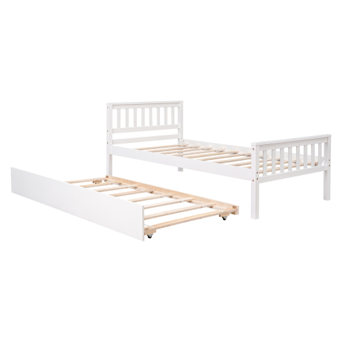 Twin Bed with Trundle, Platform Bed Frame with Headboard and Footboard, for Bedroom Small Living Space,No Box Spring Needed,White(New SKU:W504P148532)、、casual