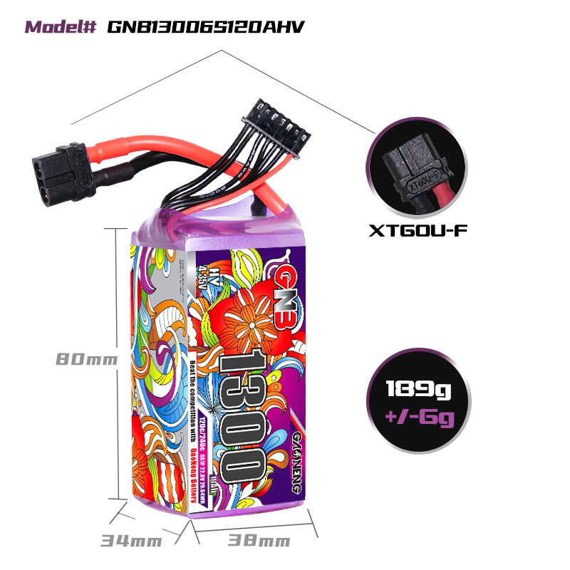 2PCS - GAONENG GNB LiHV 6S 22.8V 1300mAh 120C XT60 LiPo Battery