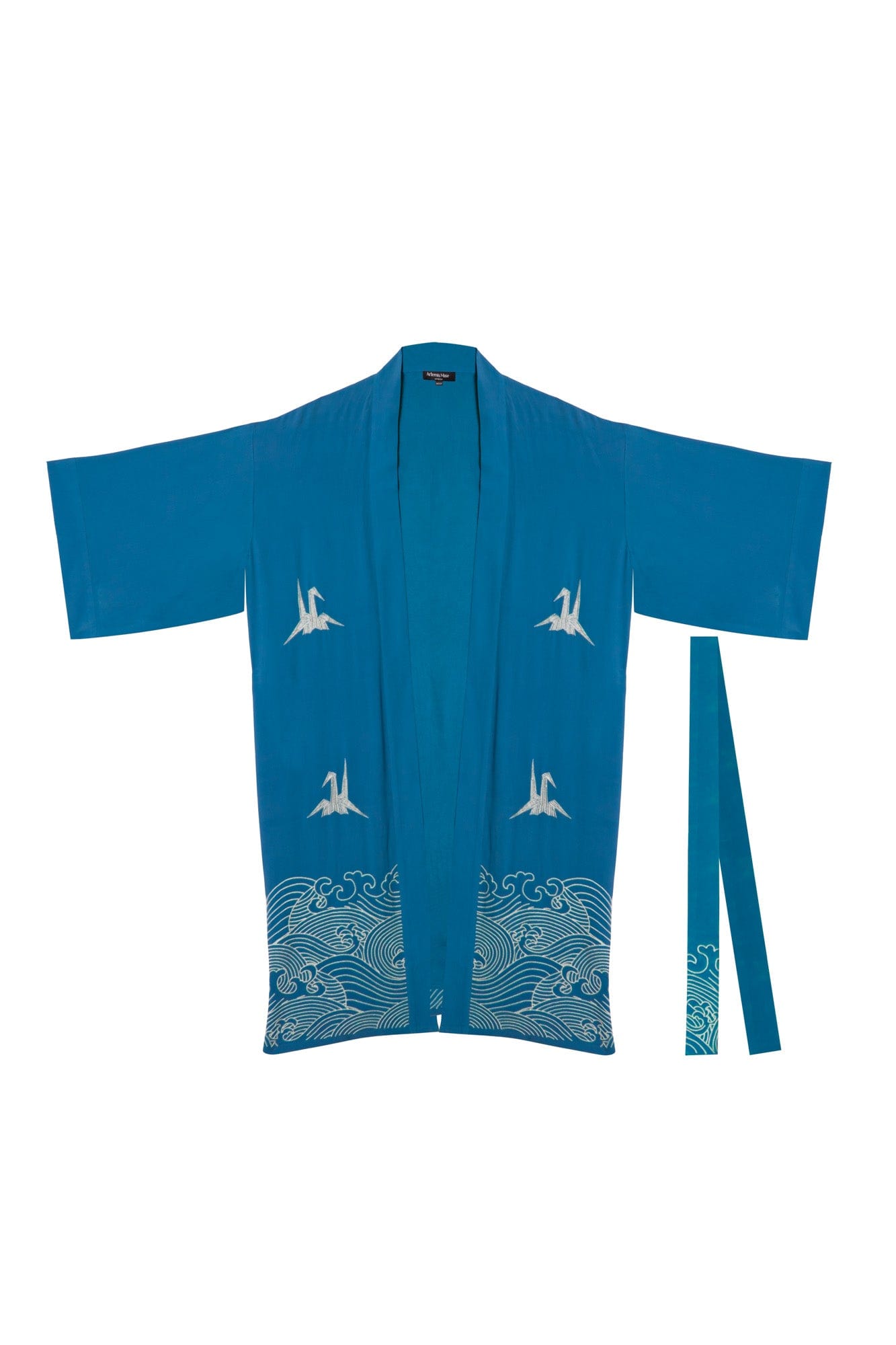Origami & Hokusai Wave Embroidered Fully Lined Deep Teal Long Kimono、mySite、bengalsvssteelers