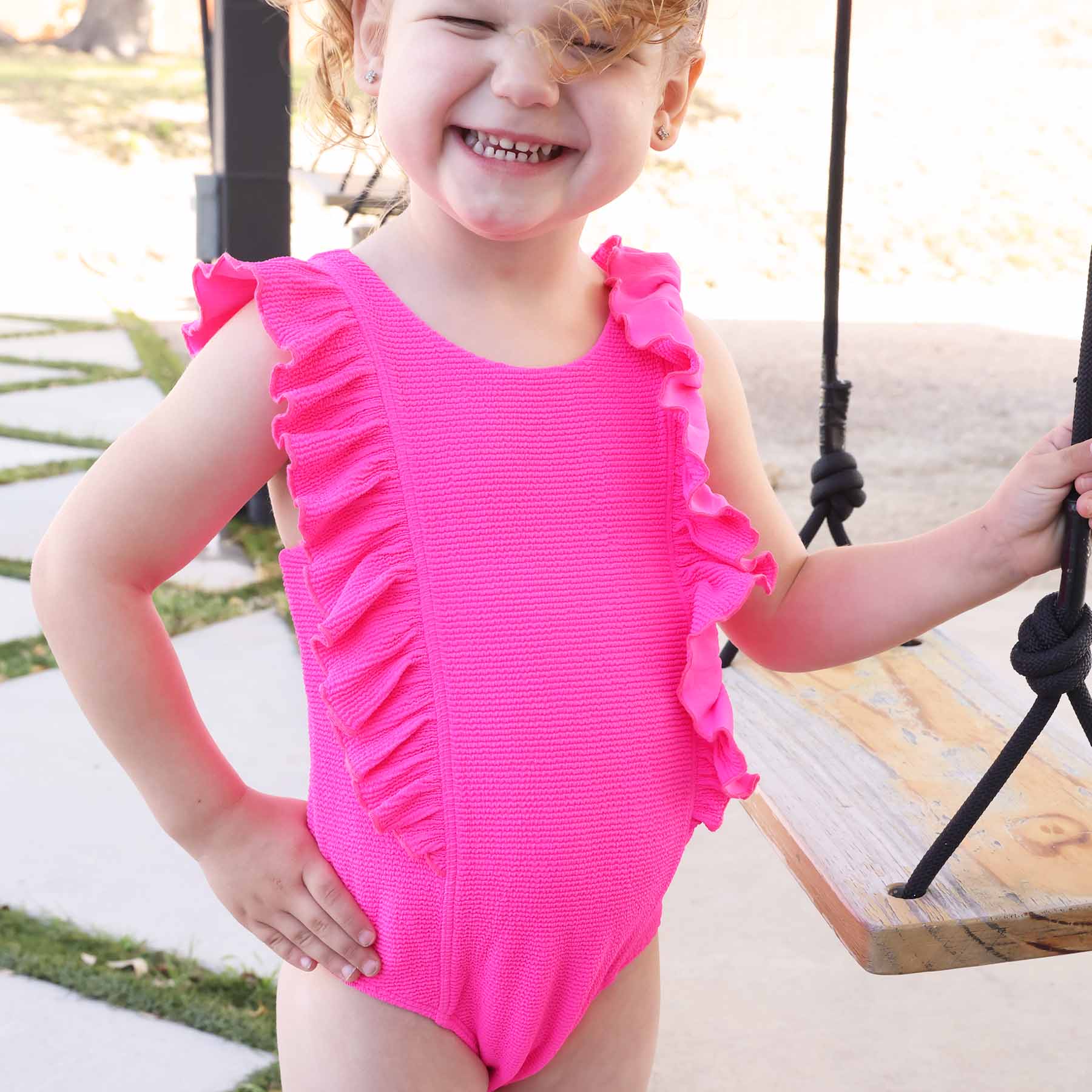  Double Ruffle Crinkle One-Piece | Neon Pink、mySite、layawaytickets