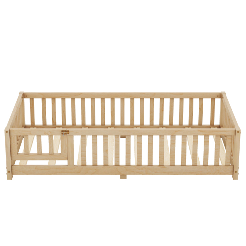 Twin Size Bed Floor Bed with Safety Guardrails and Door for Kids, Natural(Old SKU: W158090686)、、casual