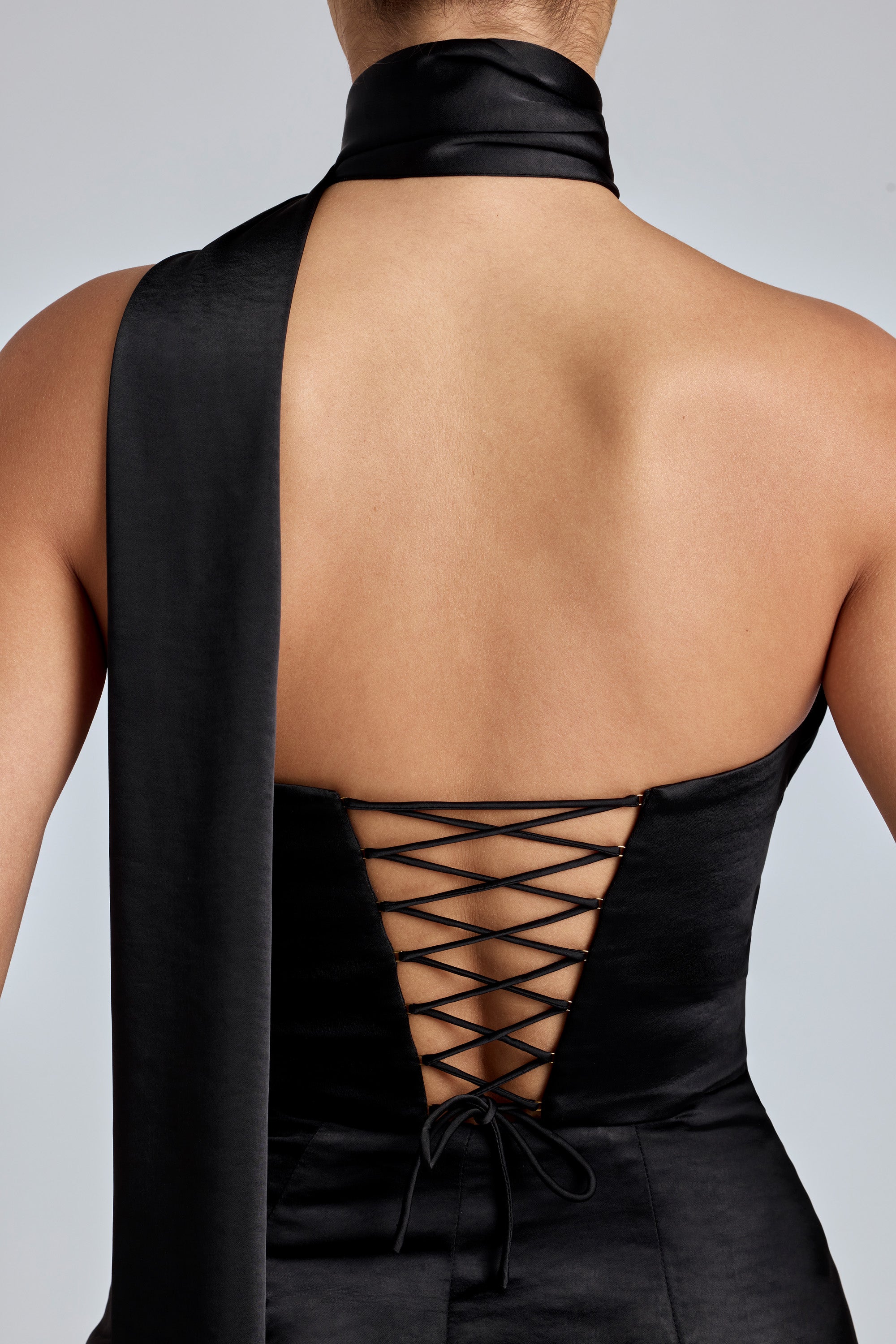 Draped Halterneck Satin Mini Dress in Black、mySite、solidvoid