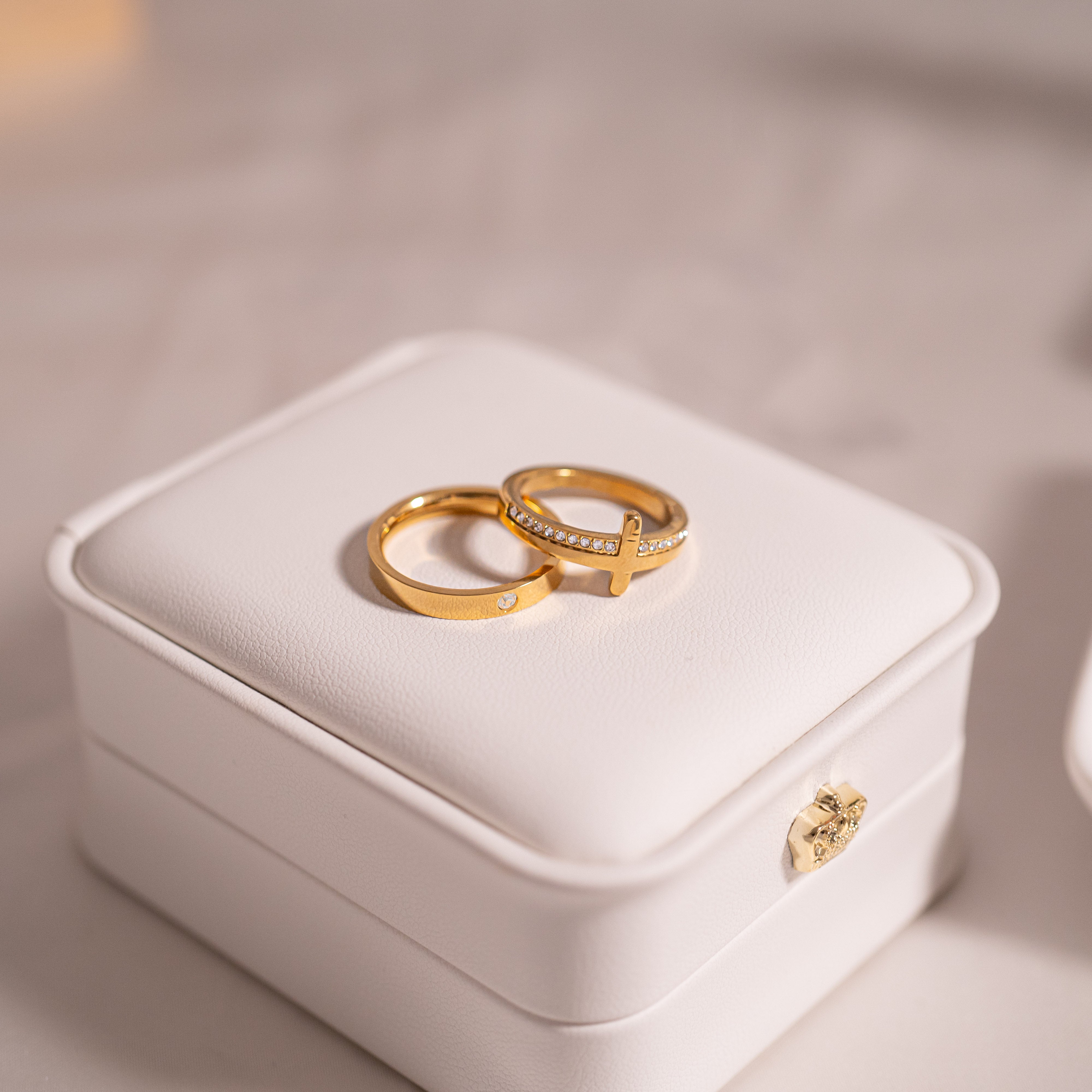 18K Gold PVD Stainless Steel Cross CZ Stone Engraved Stacking Ring / CSR0012、mySite、dreamappss