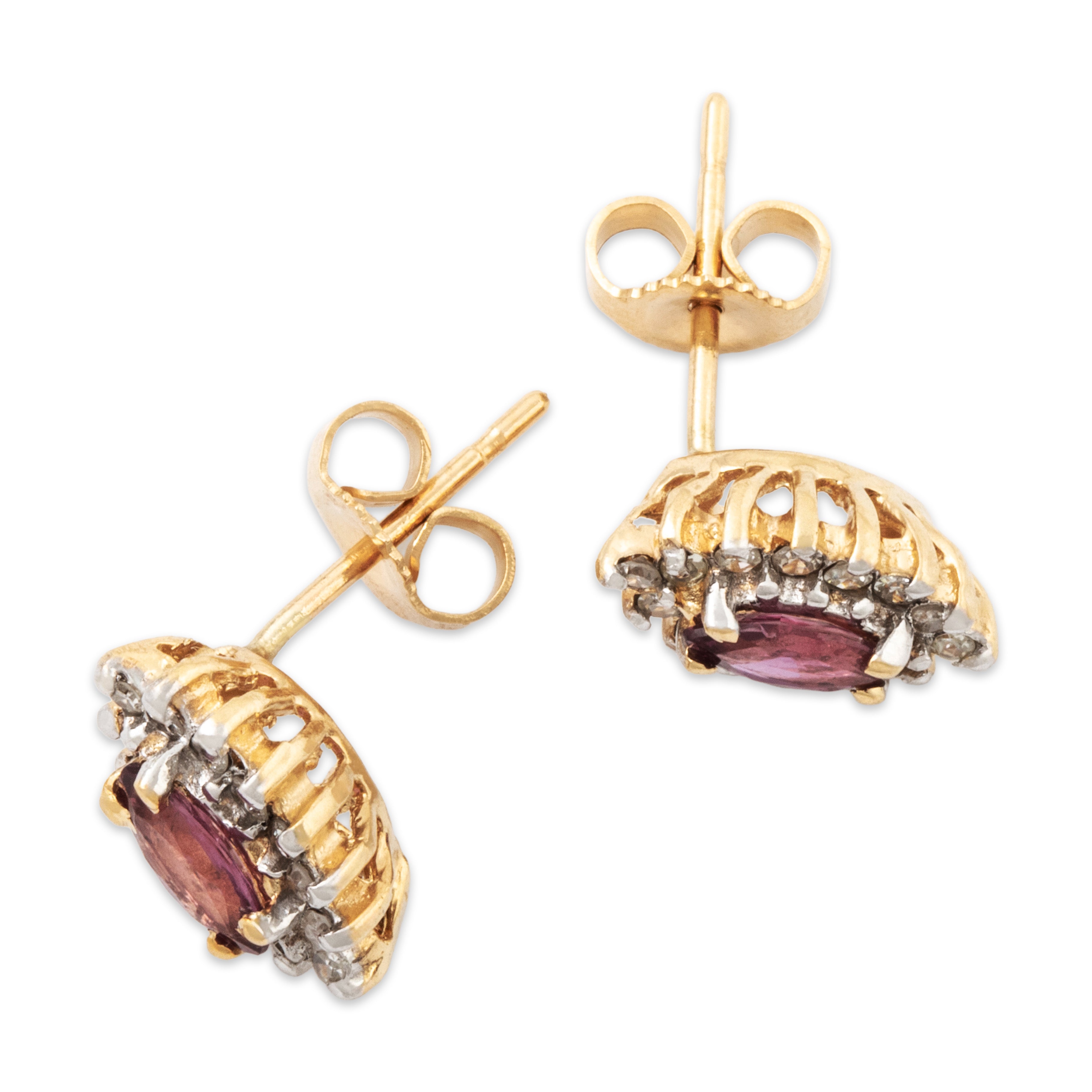 Vintage 14k Yellow Gold Ruby Diamond Marquise Halo Stud Earrings、mySite、hinf8tx79