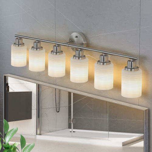 39" Modern 6-Light Vanity Bathroom Mirror Light, Frosted White Glass with Black Iron Frame, Contemporary Wall Sconce for Bedroom, Bathroom, and Dressing Room (No Bulbs)、、eastwooduniform
