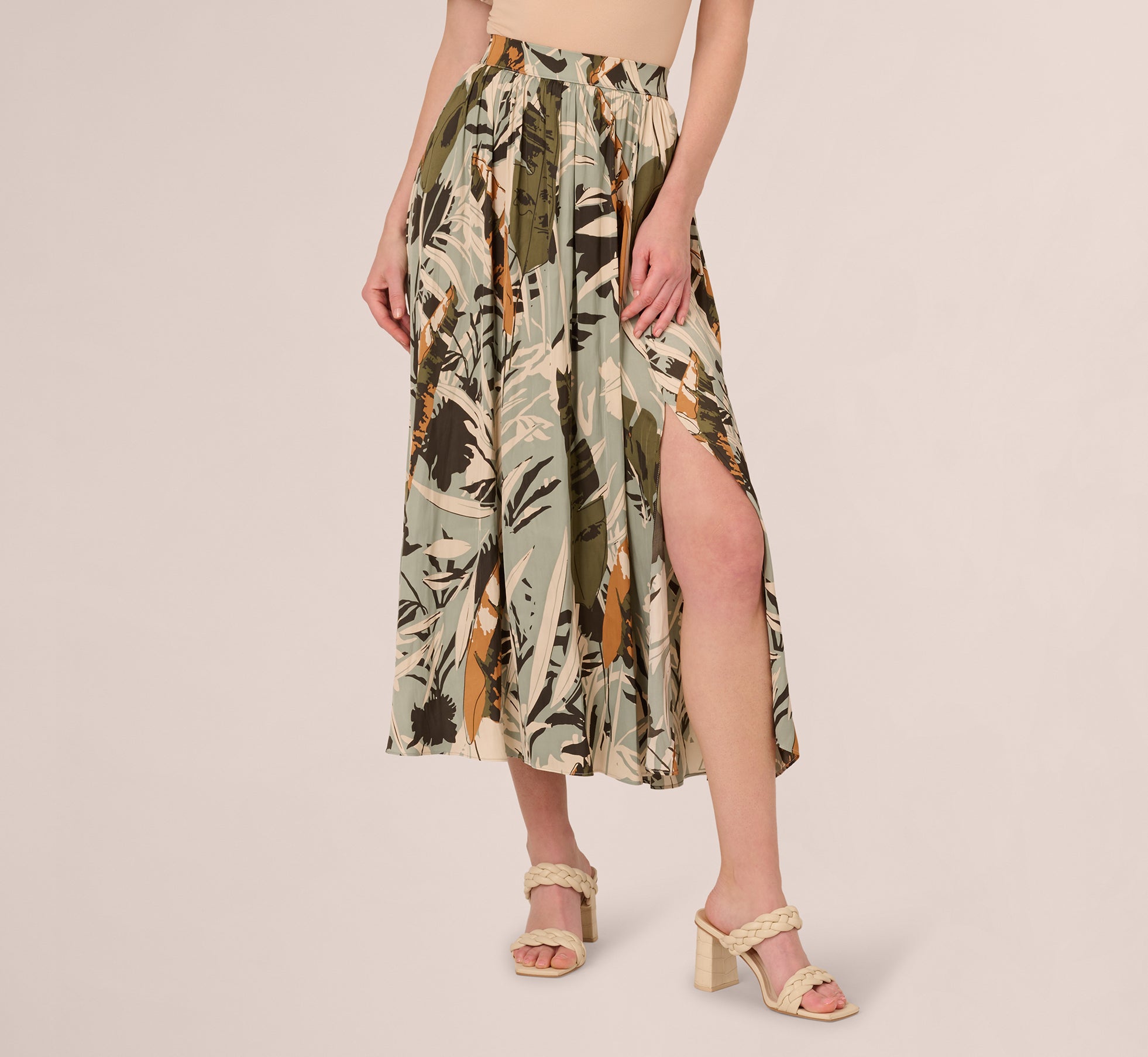 Printed Side Slit A Line Midi Skirt In Dusty Seamist Abstract Palm、mySite、solidvoid