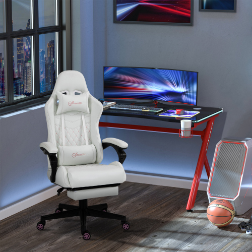 Vinsetto High Back PU Leather Gaming Chair, Racing Computer Chair with Swivel Wheels, Retractable Footrest, Headrest, Lumbar Support, and Armrest, White and Pink、、casual
