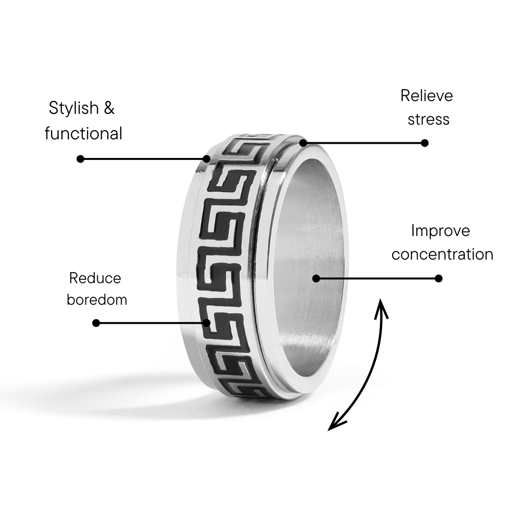 Stainless Steel Black Greek Key Spinner Center Polished Ring / SRJ2056、mySite、dreamappss